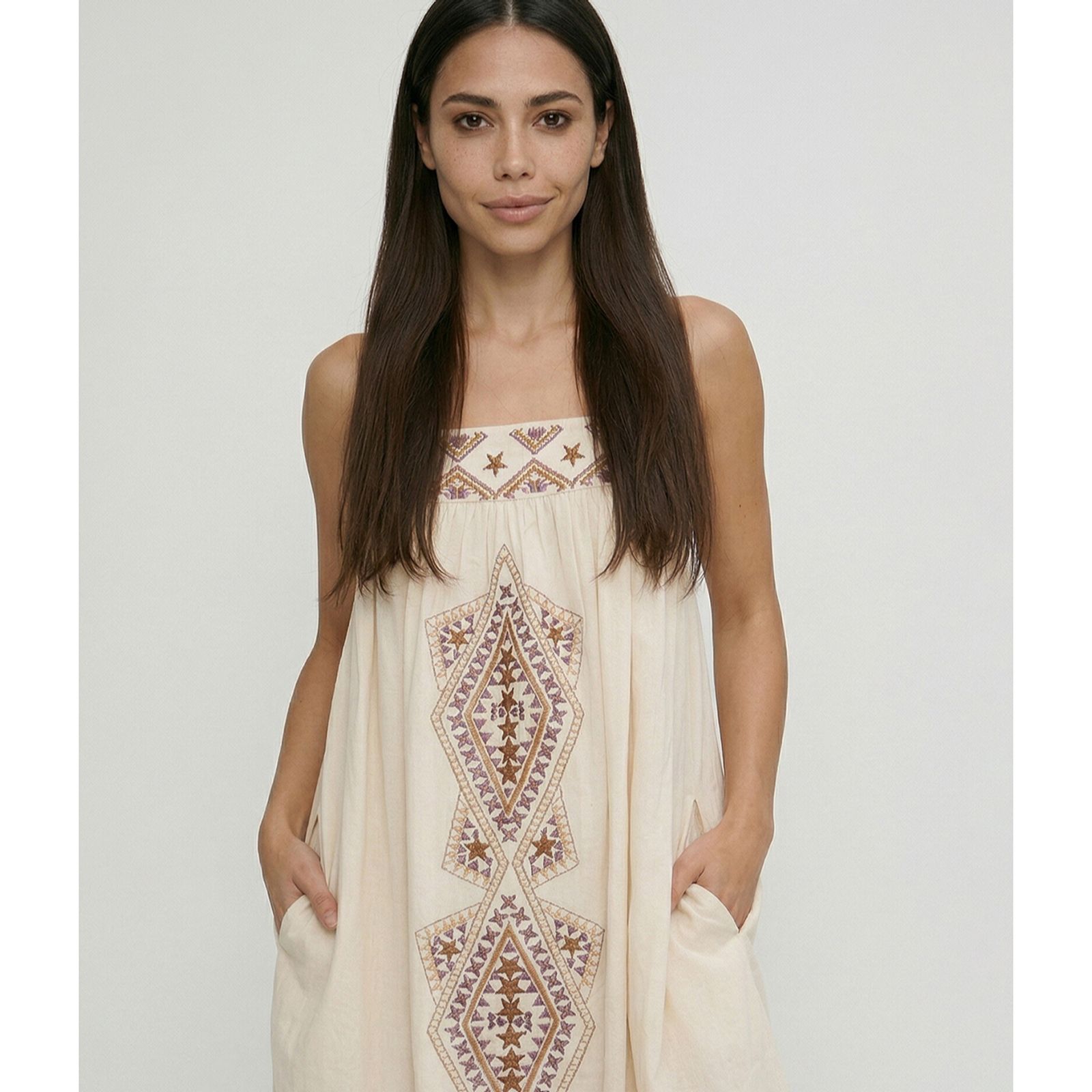 Raffya Sapphire Spaghetti Strap Embroidered Maxi Dress