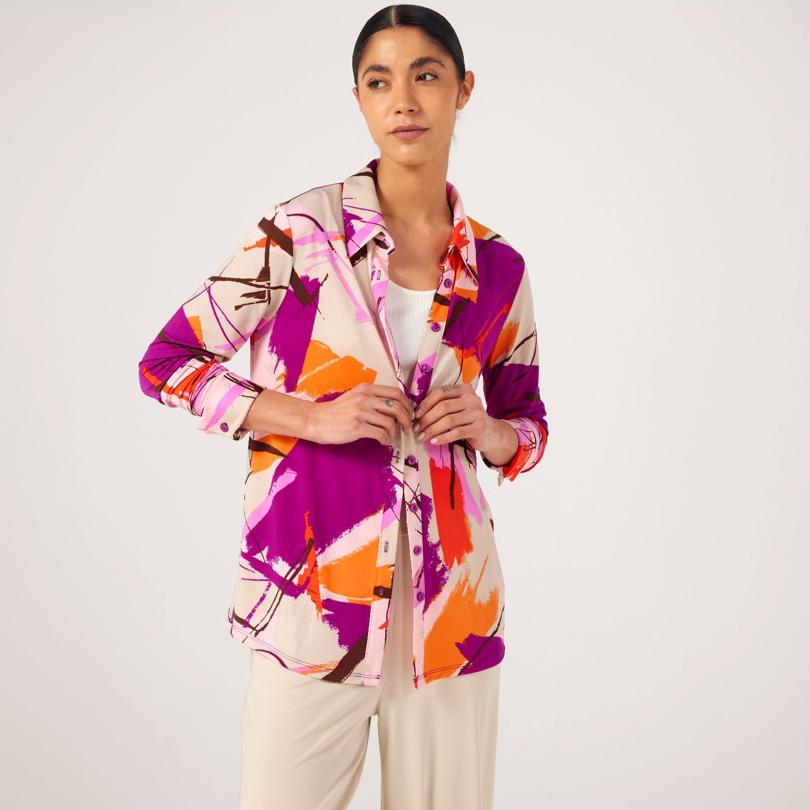 Outlet Kim & Co Printed Brazil Jersey French Cuff Relaxed Shirt