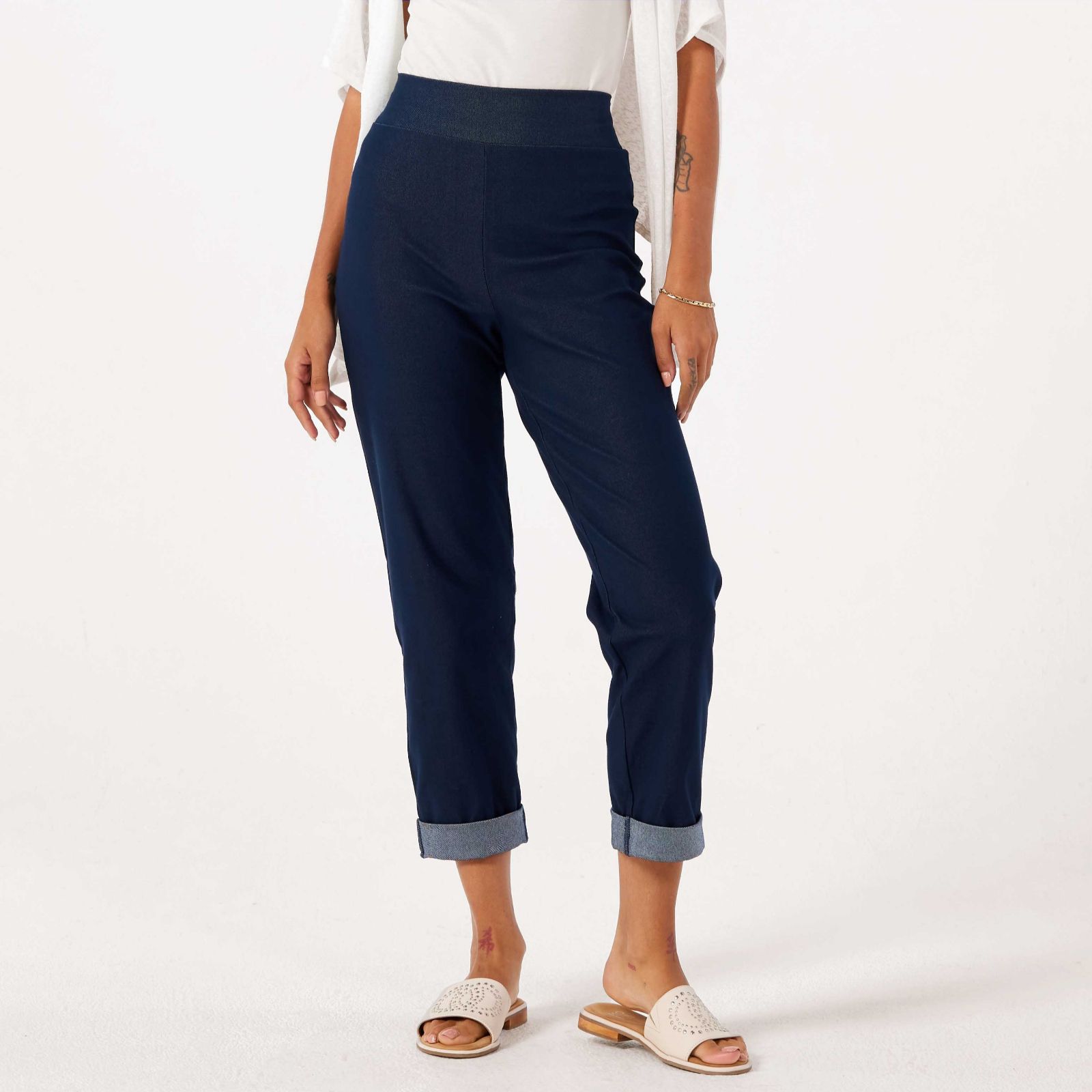 Kim & Co Deluxe Denim Knit Paris Ankle Length Wide Leg Petite Trousers