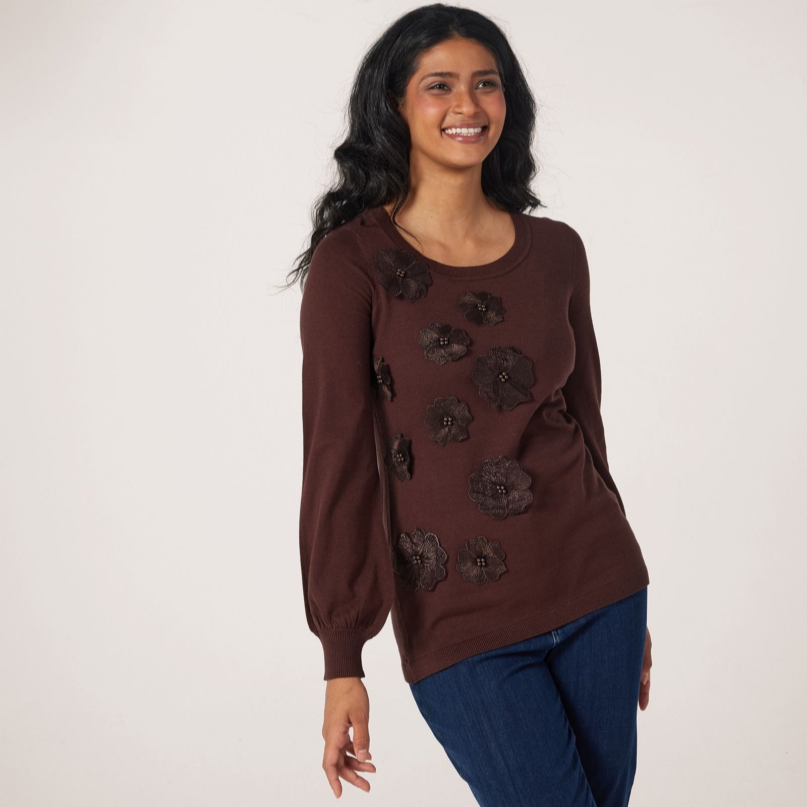 Nina Leonard Balloon Sleeve 3D Flower Jumper