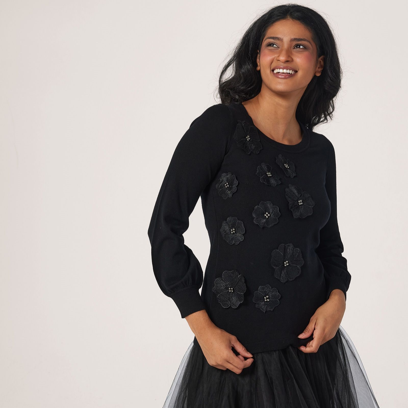 Nina Leonard Balloon Sleeve 3D Flower Jumper