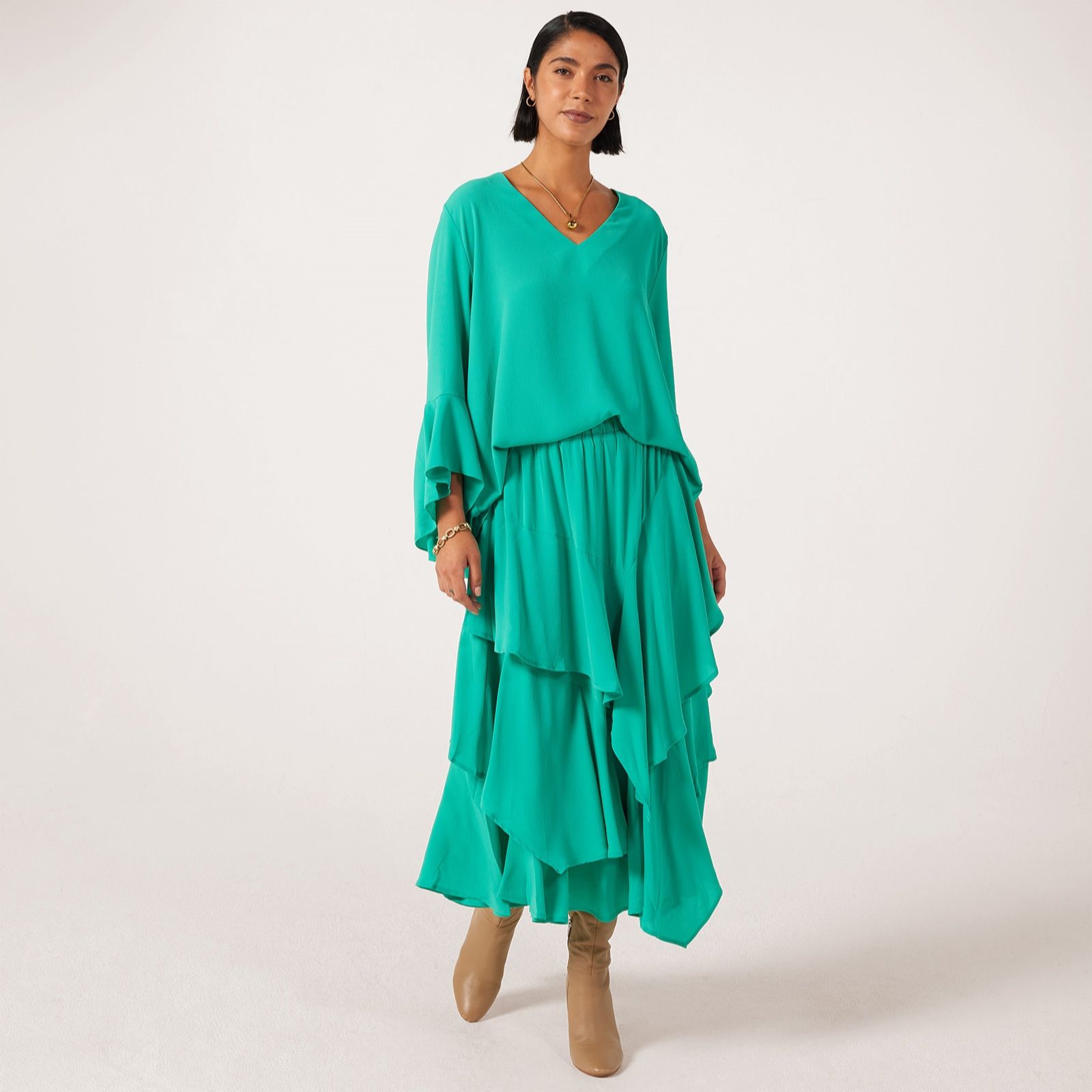 Frank Usher V Neck Woven Top With Wide Frill Sleeves