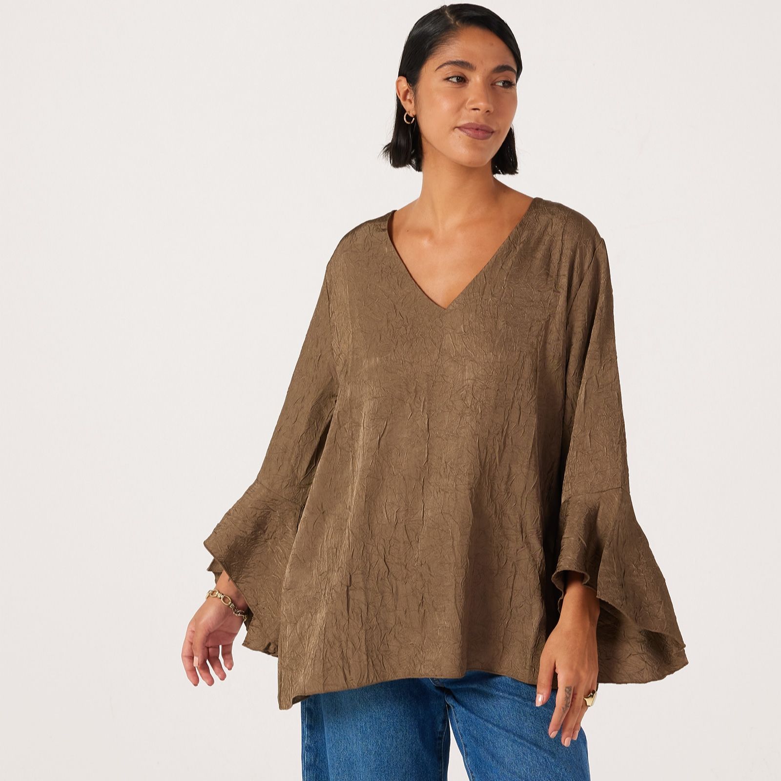 Frank Usher V Neck Woven Top With Wide Frill Sleeves
