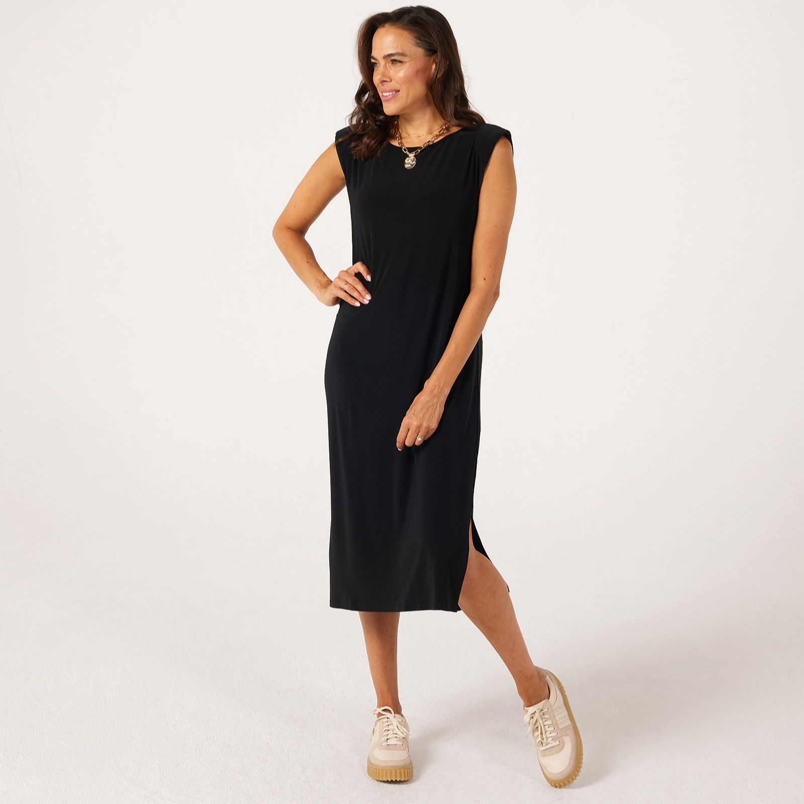 Kim & Co Brazil Jersey Midi Dress With Side Slits And Shoulder Pads