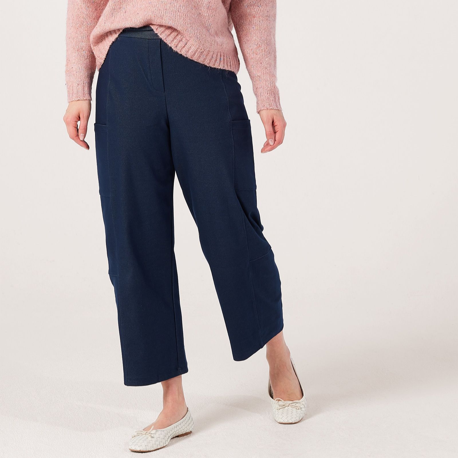 Kim & Co Deluxe Denim Knit Barrel Leg Ankle Length Petite Trousers