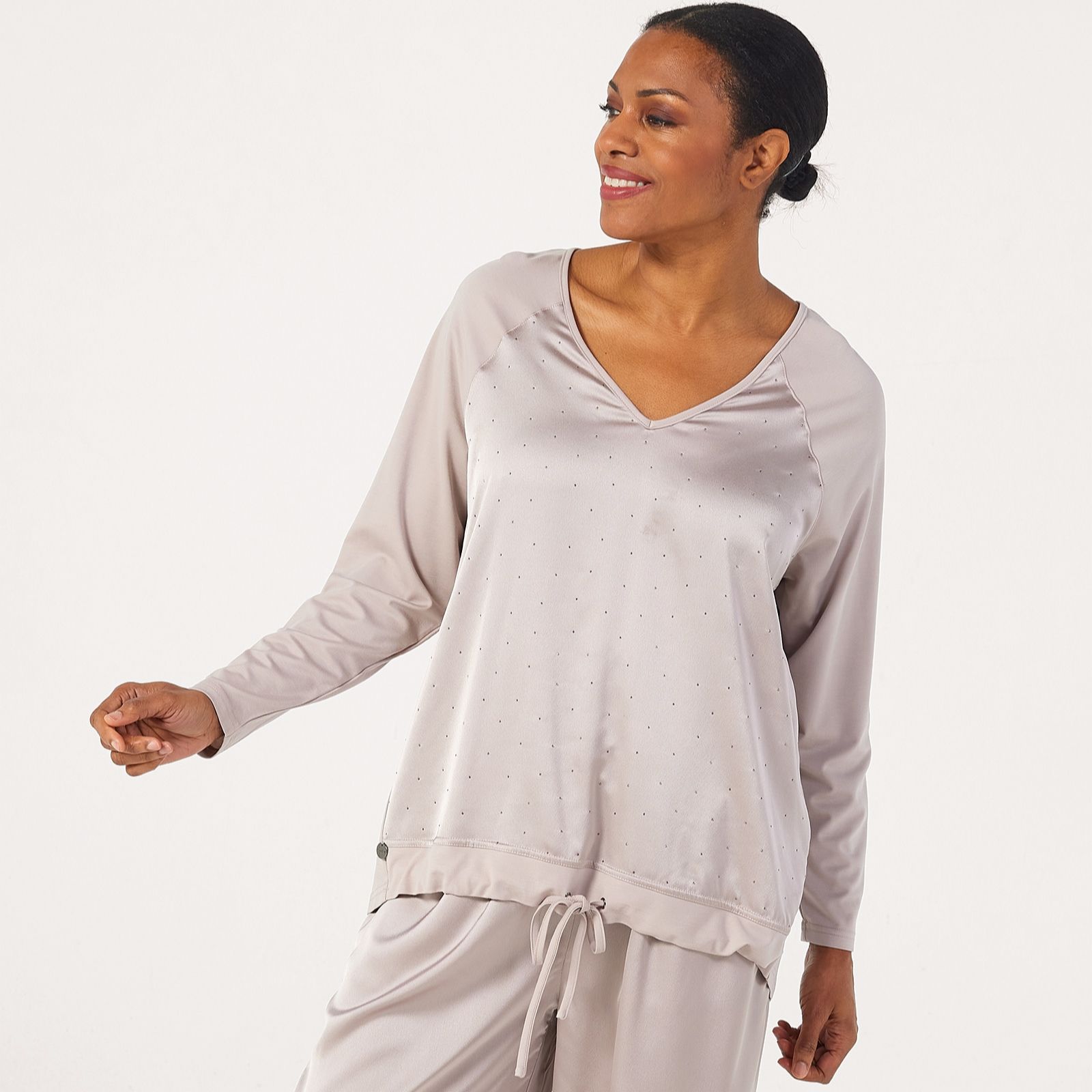 Malissa J V-Neck Textured Satin Jumper with Stud Details