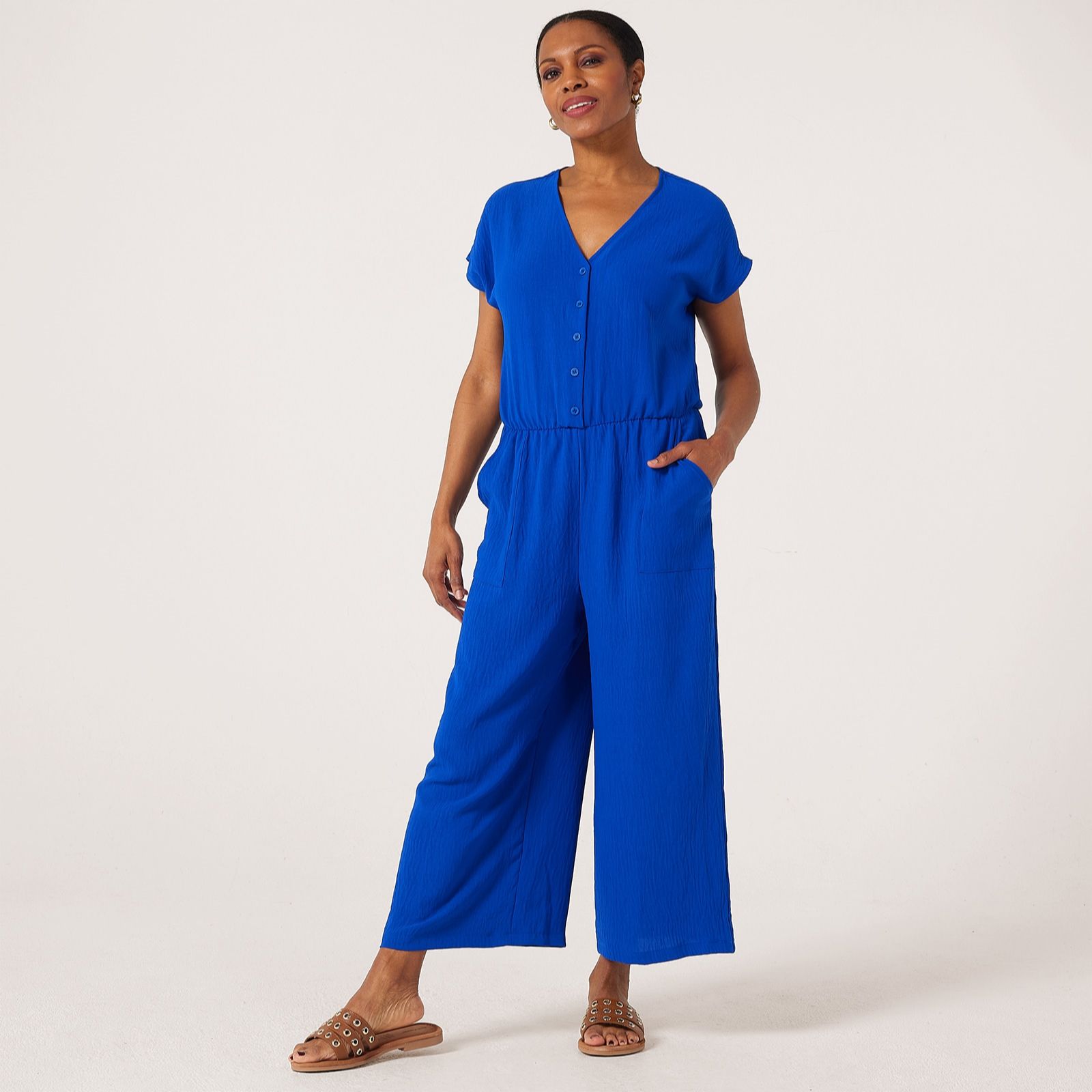 Kim & Co Crinkle Poplin Short Sleeve Cropped Petite Jumpsuit