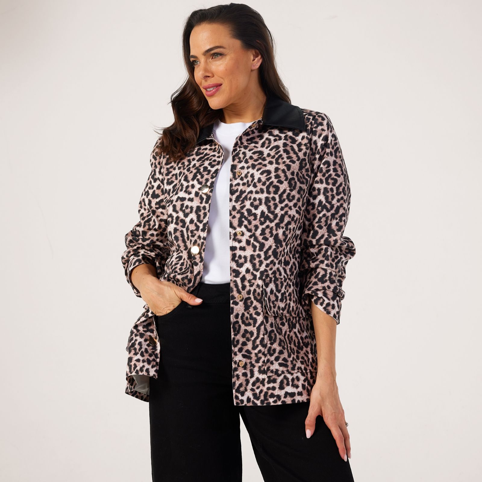Helene Berman Cotton Stretch Jacket with Faux Leather Collar