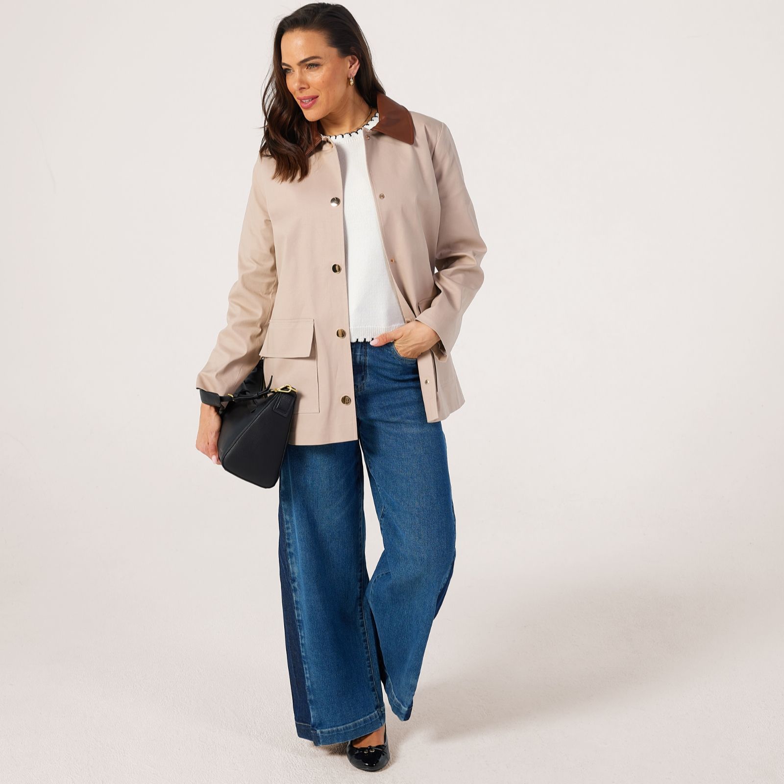 Helene Berman Cotton Stretch Jacket with Faux Leather Collar