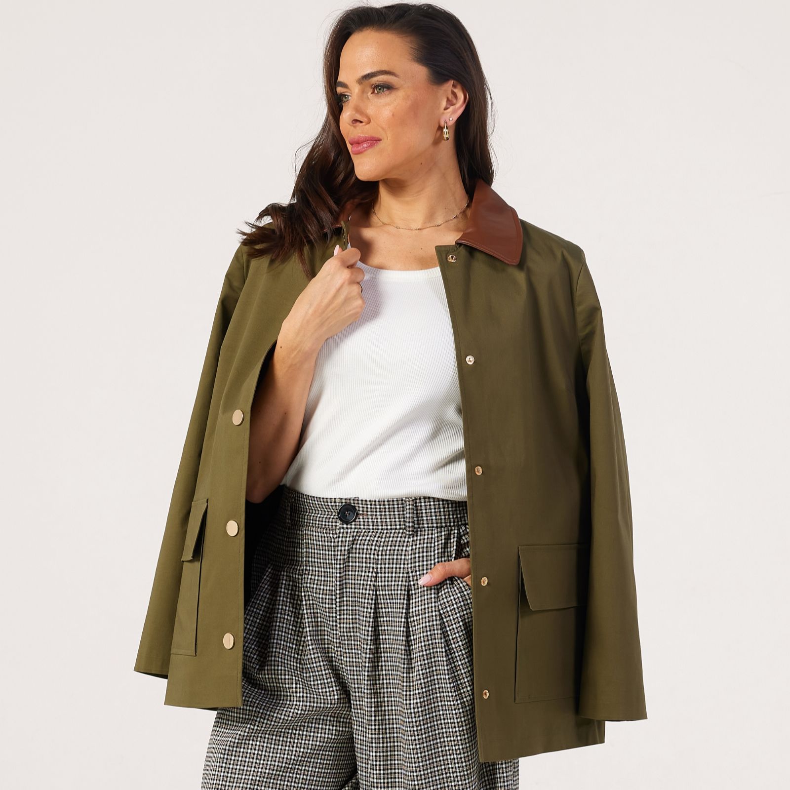 Helene Berman Cotton Stretch Jacket with Faux Leather Collar