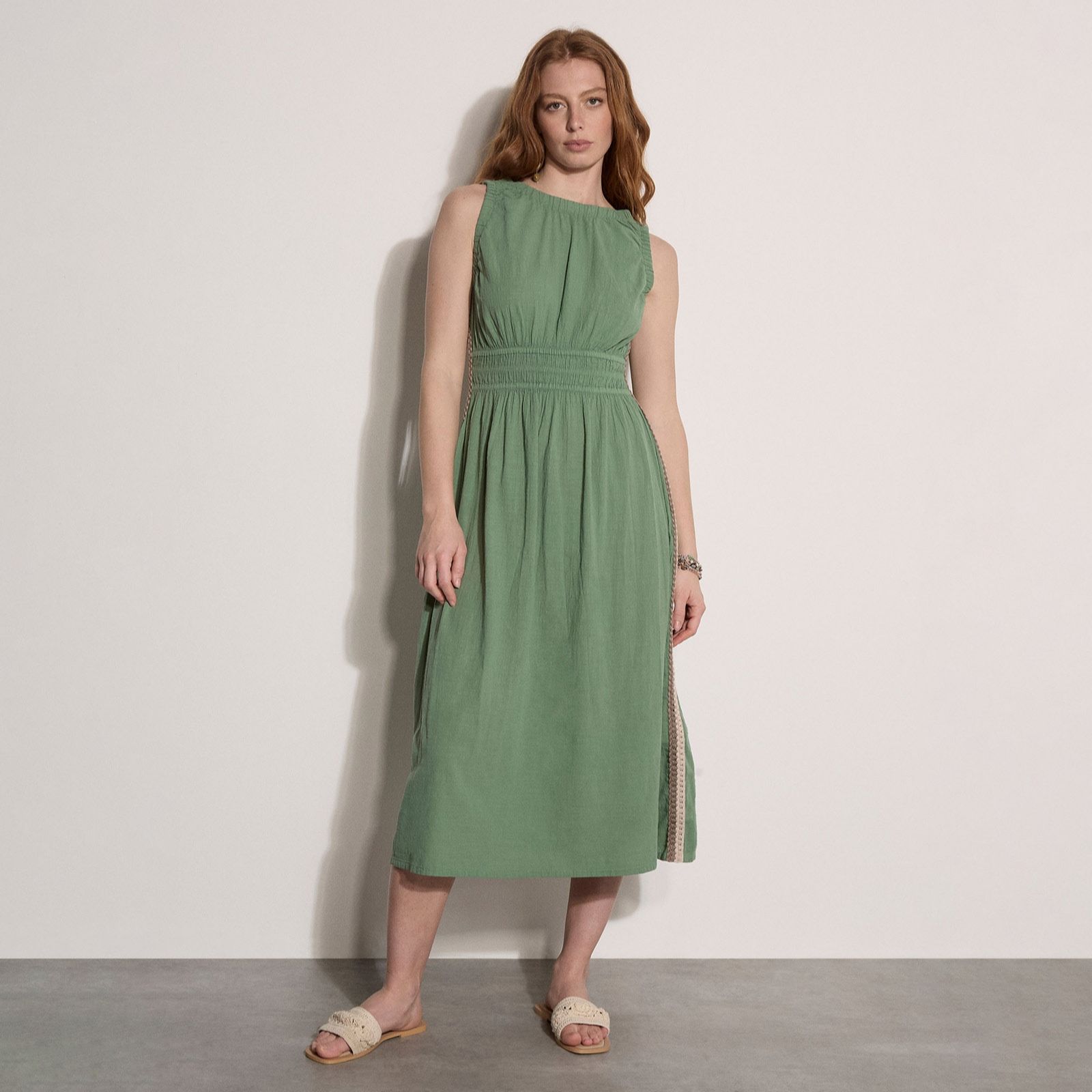 Apricot Knitted Crochet Trim Midi Dress