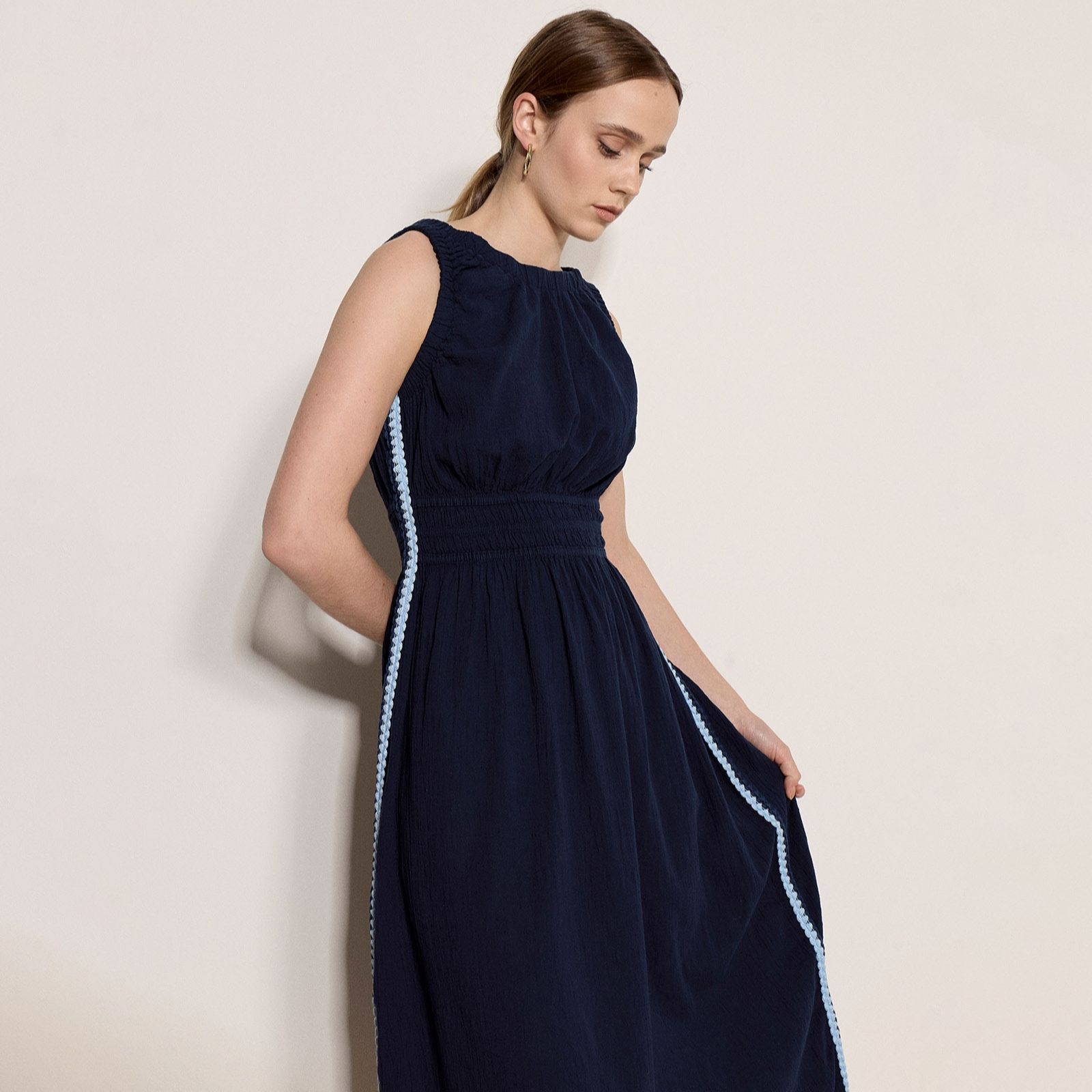 Apricot Knitted Crochet Trim Midi Dress