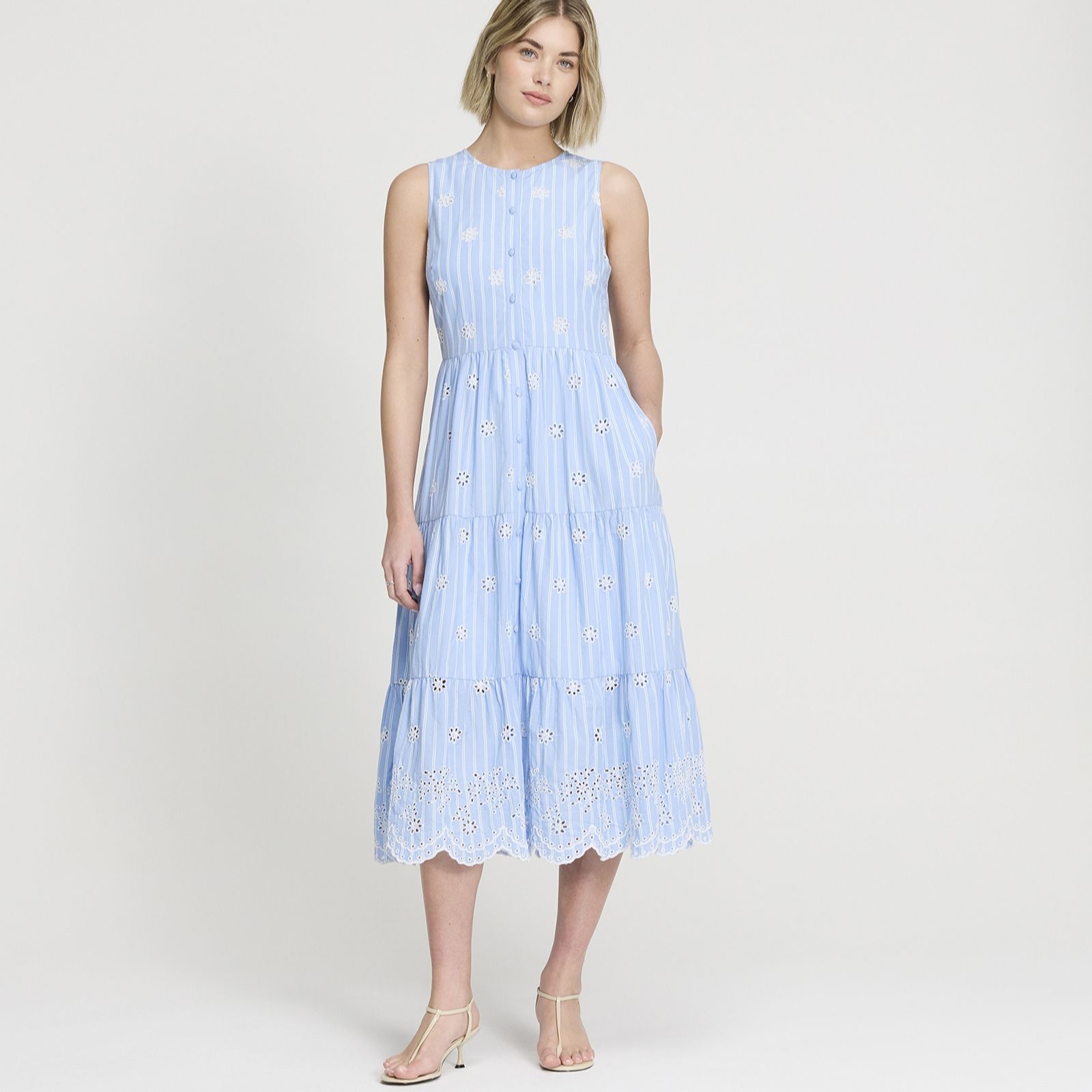 Finery London Rose Dress Blue Stripe Embroidered Dress Petite