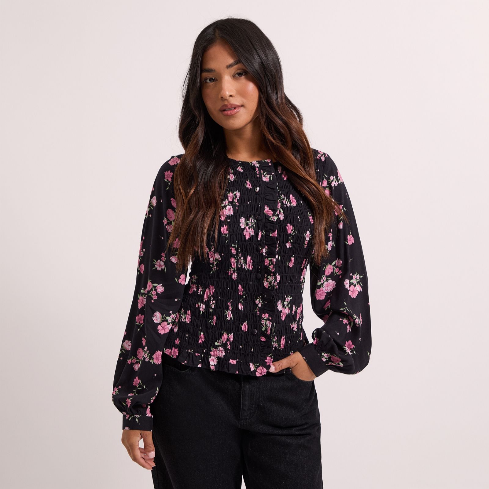 Dorothy Perkins Shirred Bodice Button Through Top Petite