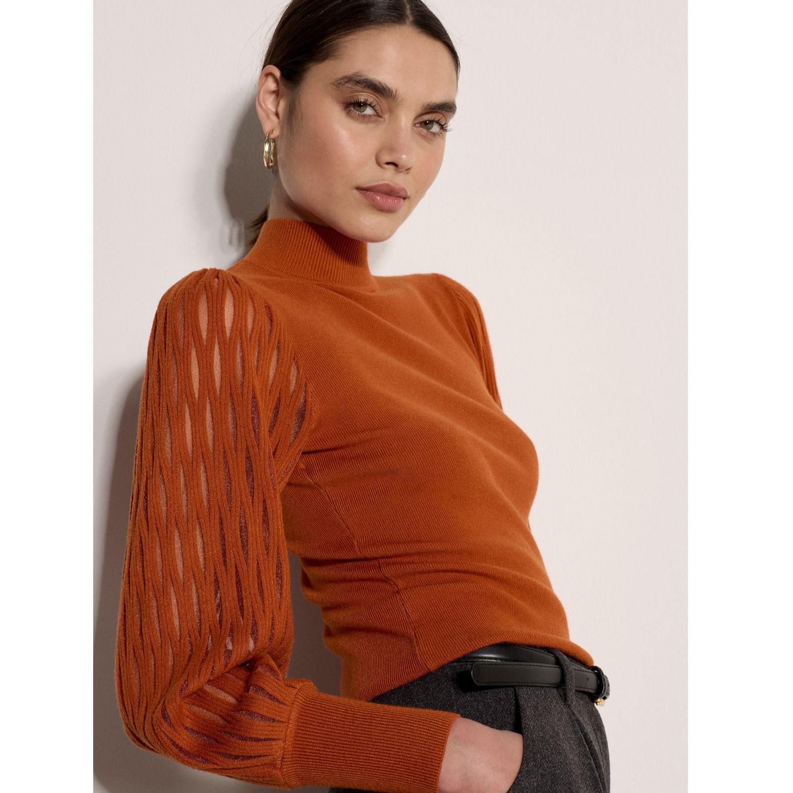 Apricot Mock Neck Mesh Sleeve Knit
