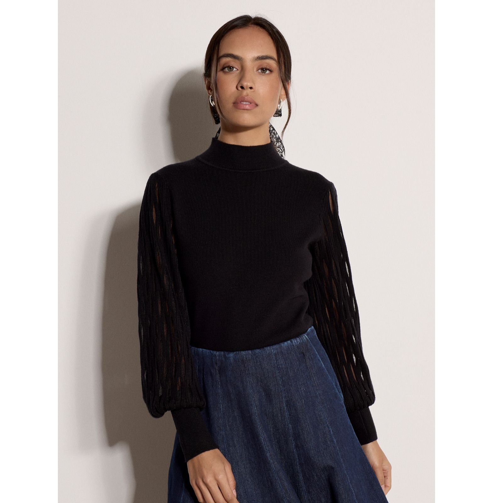 Apricot Mock Neck Mesh Sleeve Knit