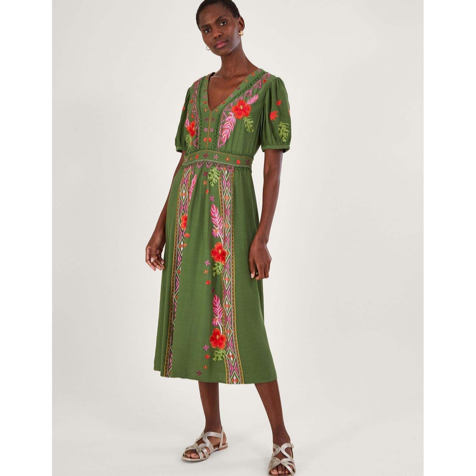 Monsoon Farah Floral & Geo Border Embroidered Dress - QVC UK