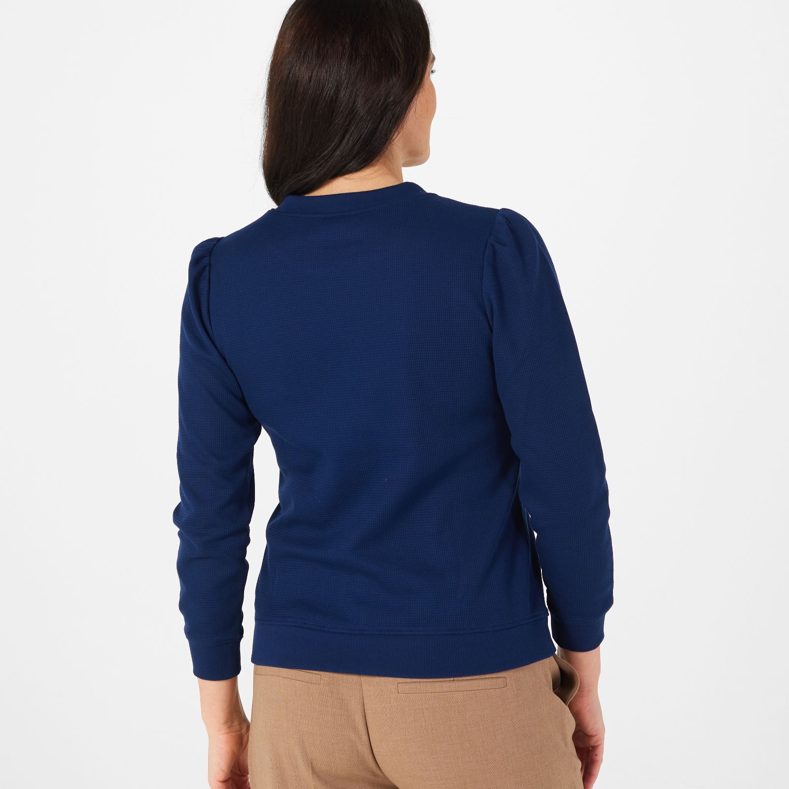 Denim & Co. Waffle Knit Puff Sleeve Sweatshirt - QVC UK