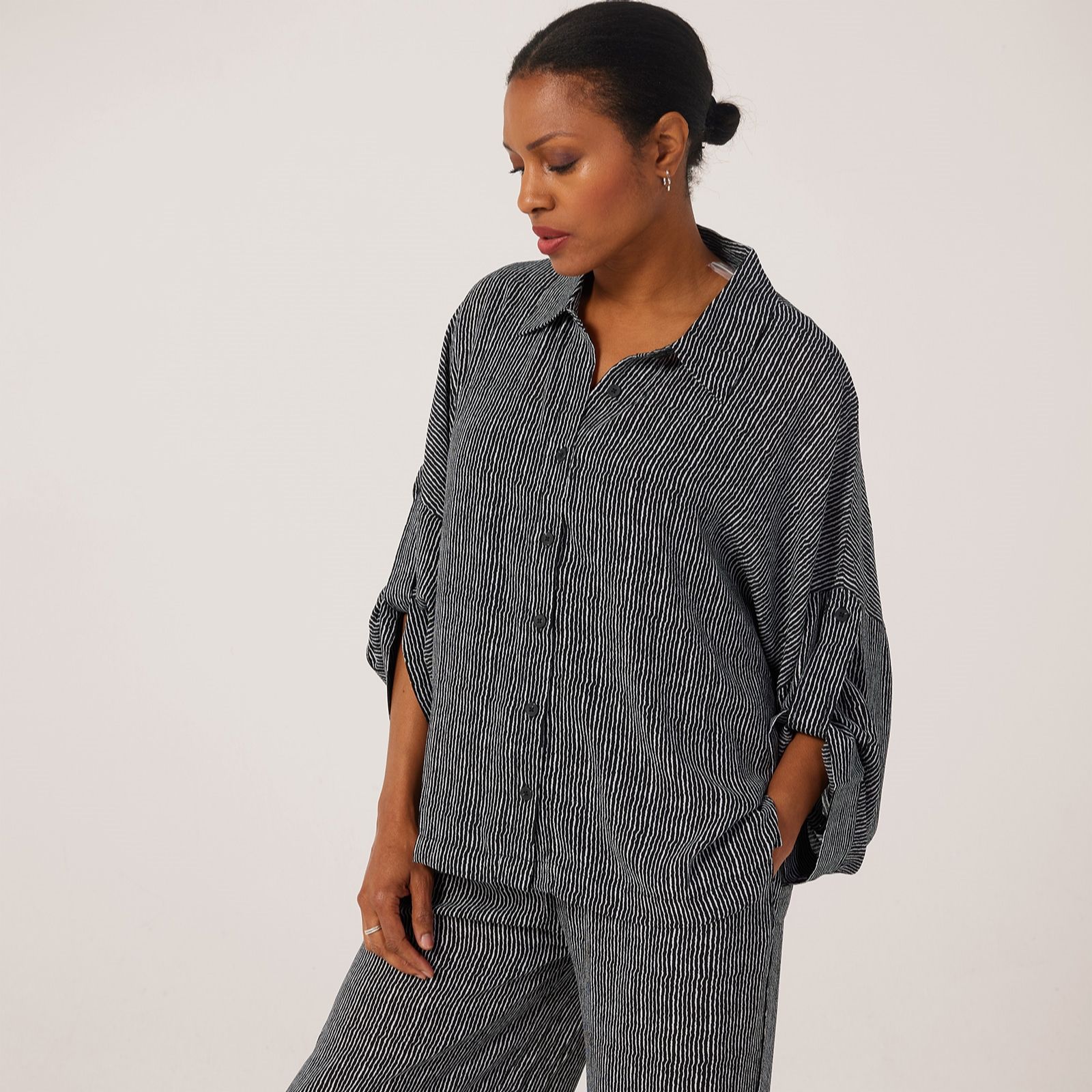 Malissa J Boxy Shape Shirt With Turn Back Sleeves And Tabs Textured Woven