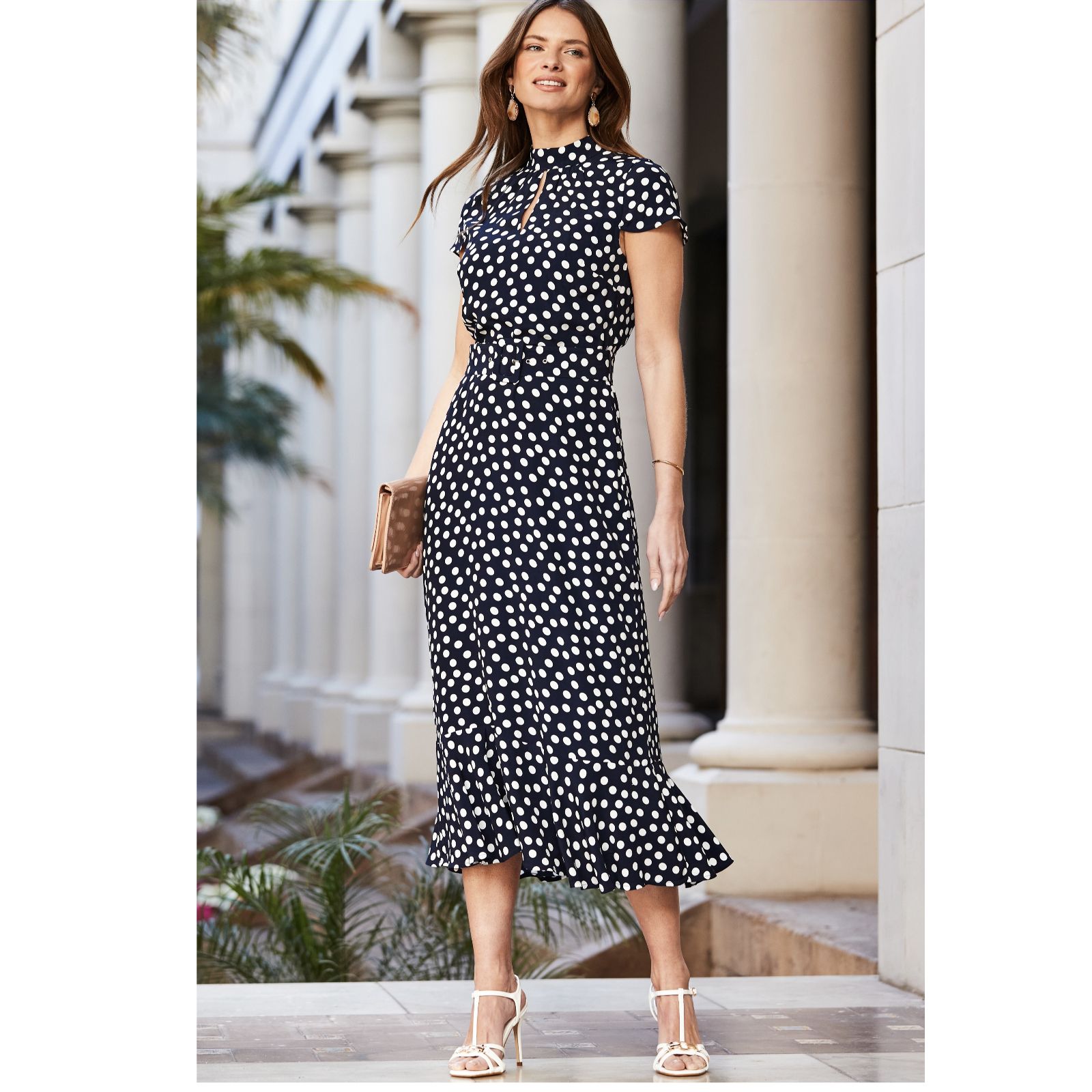 Sosandar Navy & White Spot High Neck Belted Midi Dress