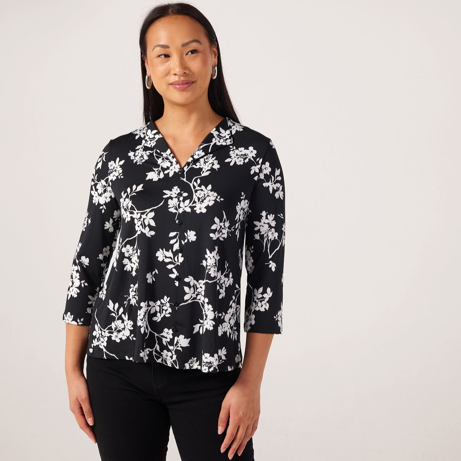 Kim & Co Printed Brazil Jersey 3/4 Sleeve Button Detail Top