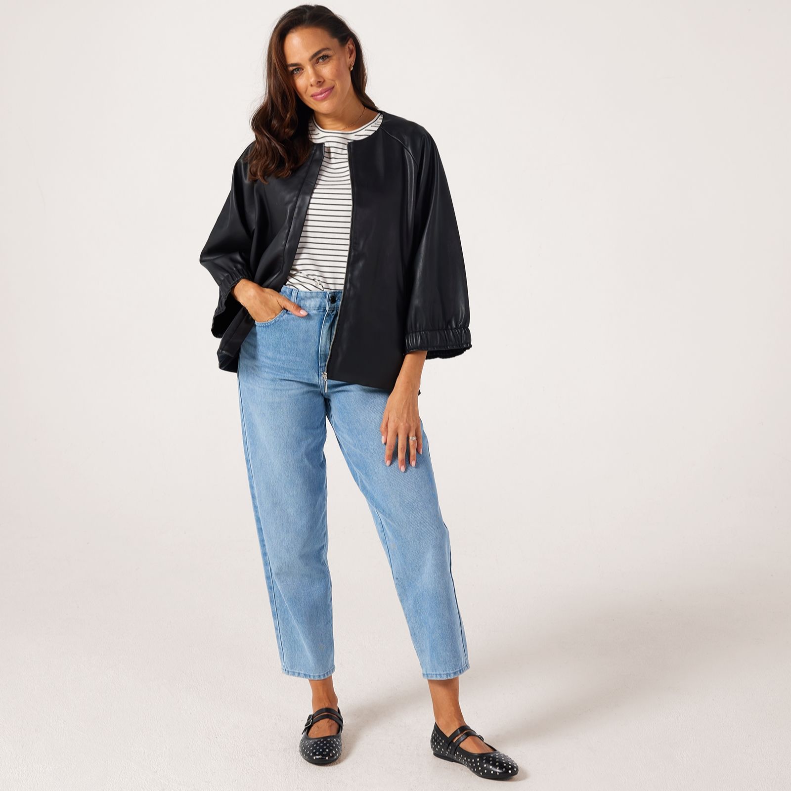 MarlaWynne Collection Unstructured Faux Leather Jacket with Gathered Cuff