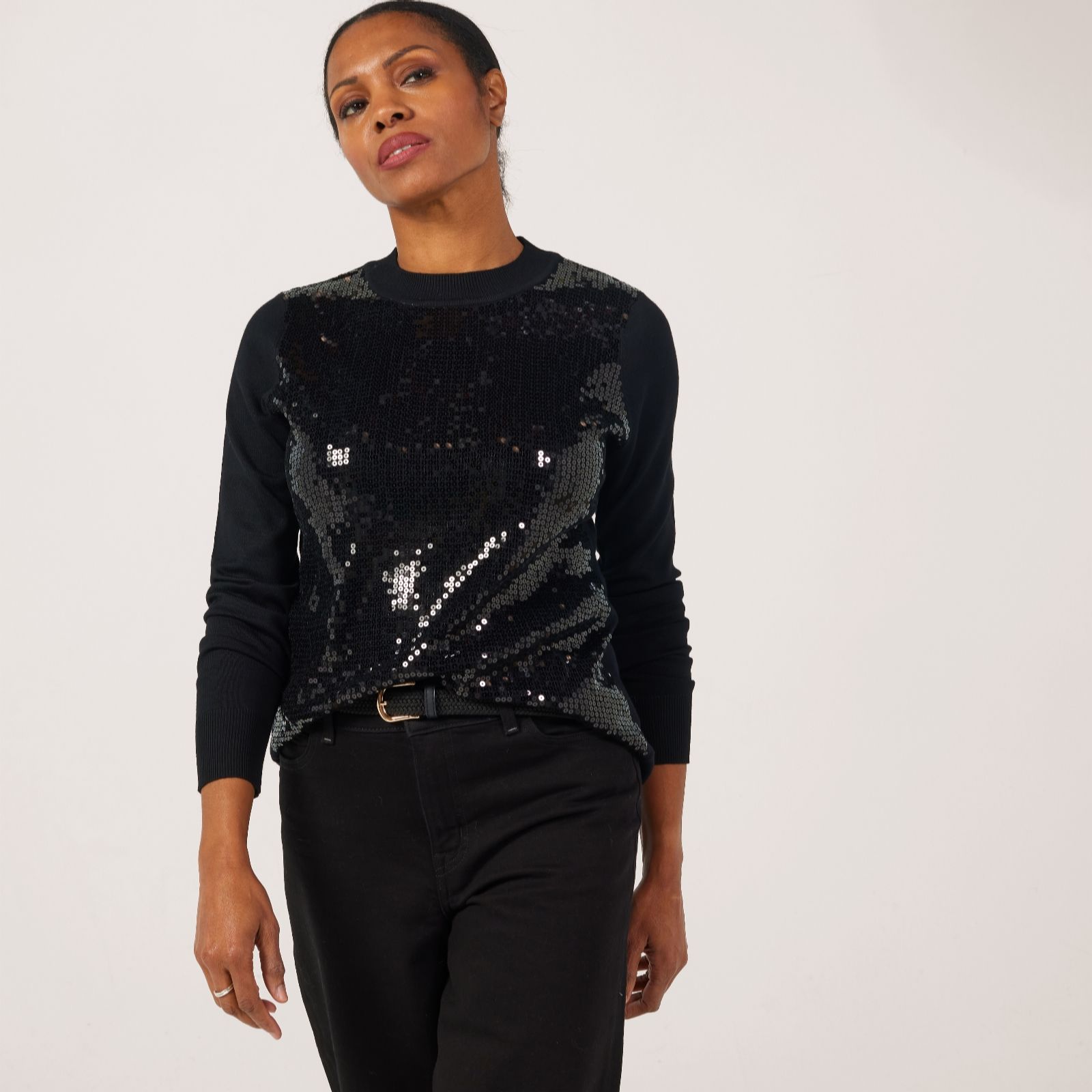 Nina Leonard Mock Neck Sequin Overlay Jumper