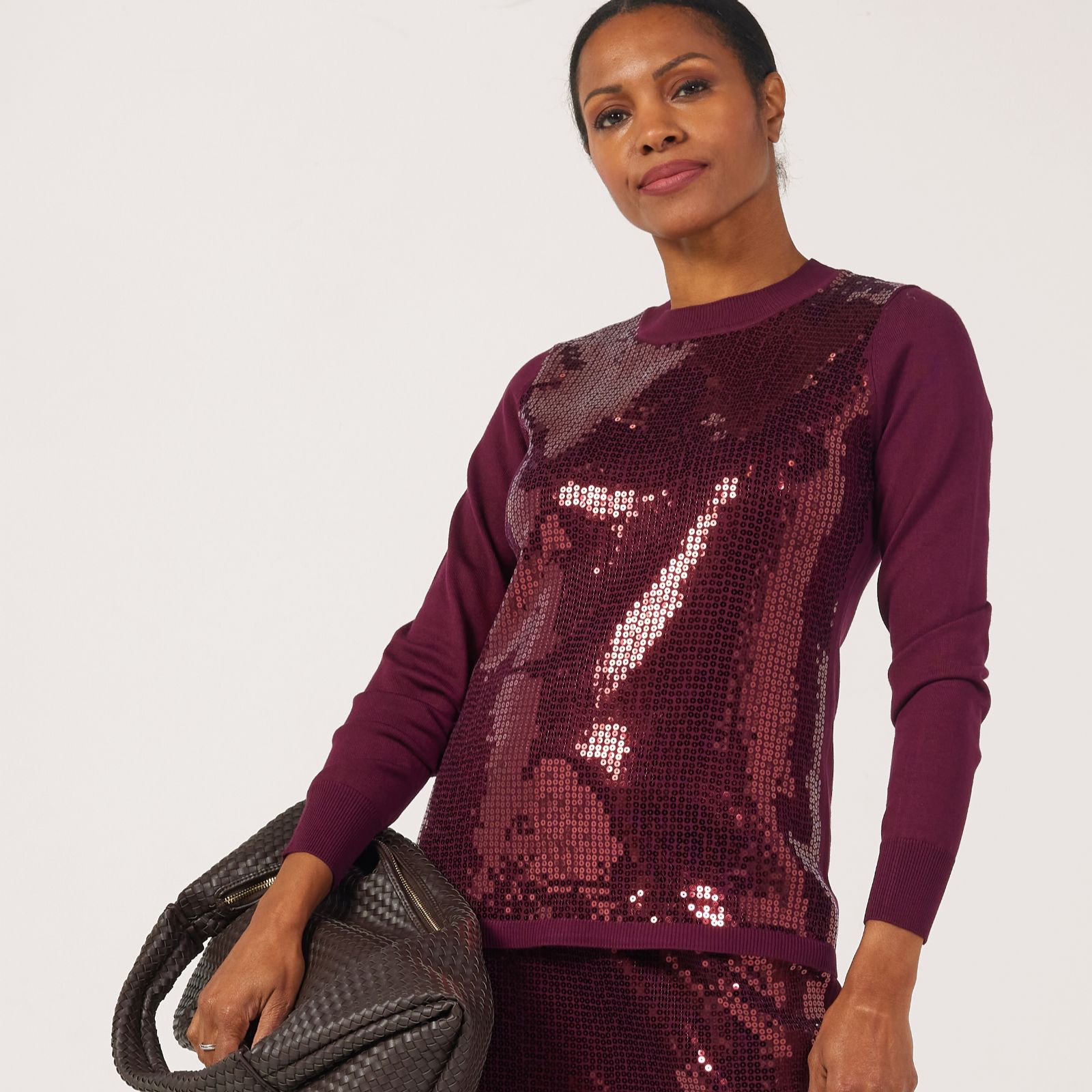 Nina Leonard Mock Neck Sequin Overlay Jumper