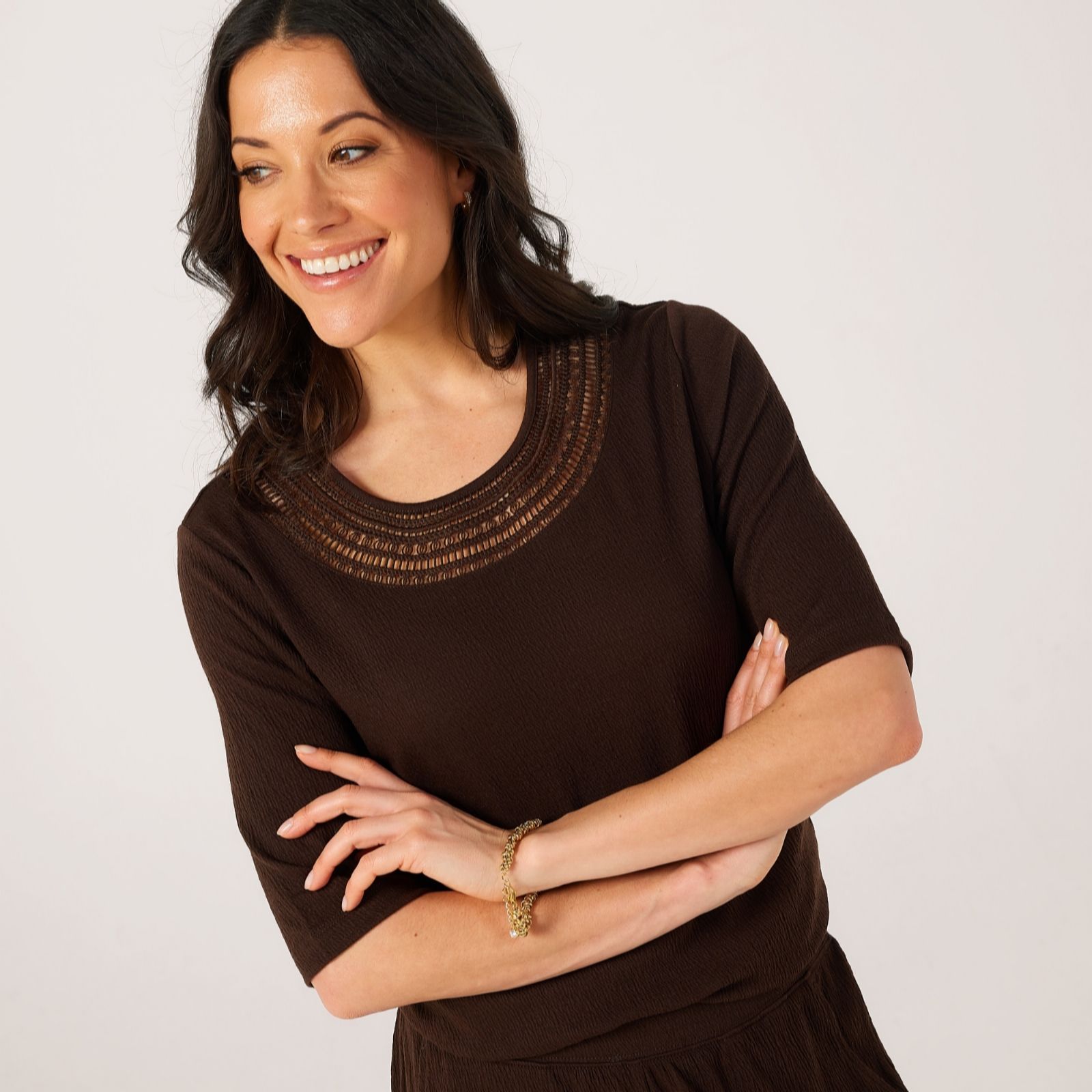 Denim & Co. Beach Knit Linen Blend Top with Neckline Detail