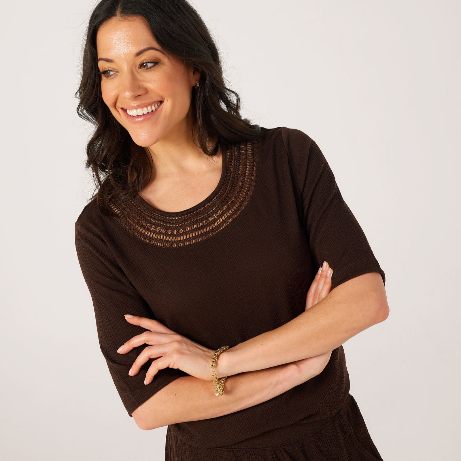 Denim & Co. Beach Knit Linen Blend Top with Neckline Detail