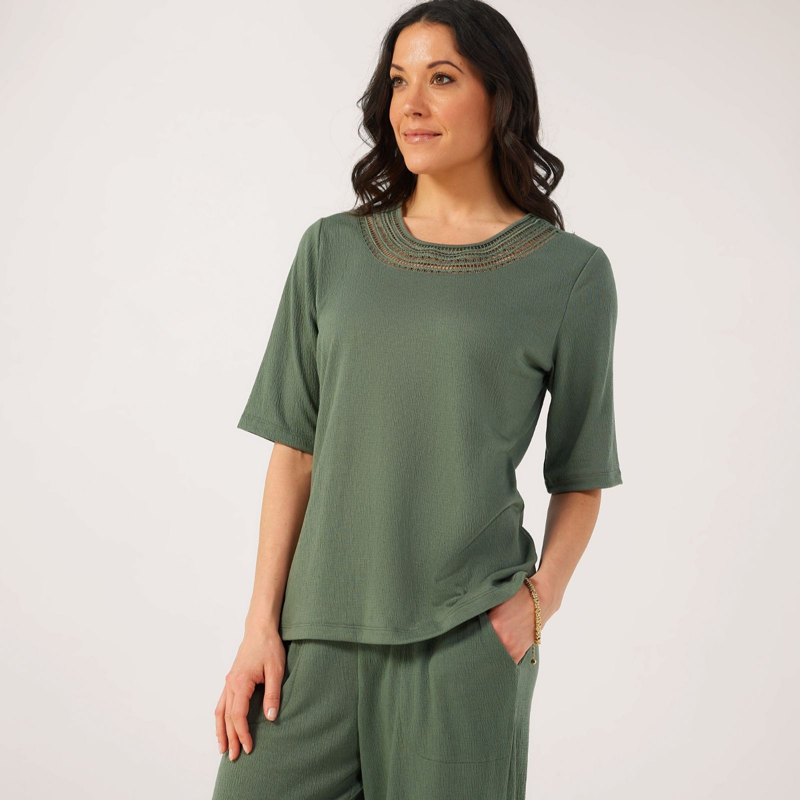 Denim & Co. Linen Blend Top with Neckline Detail