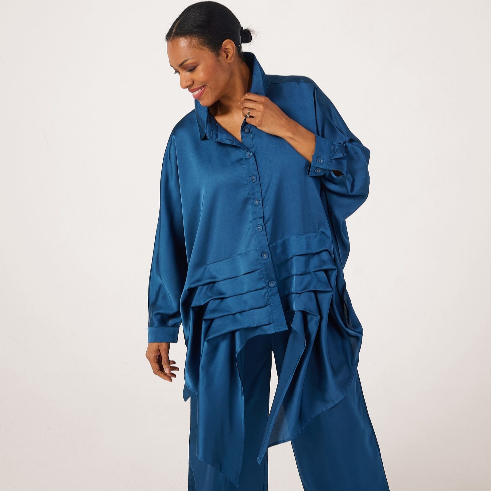 Malissa J Oversized Textured Satin Shirt With Pleat