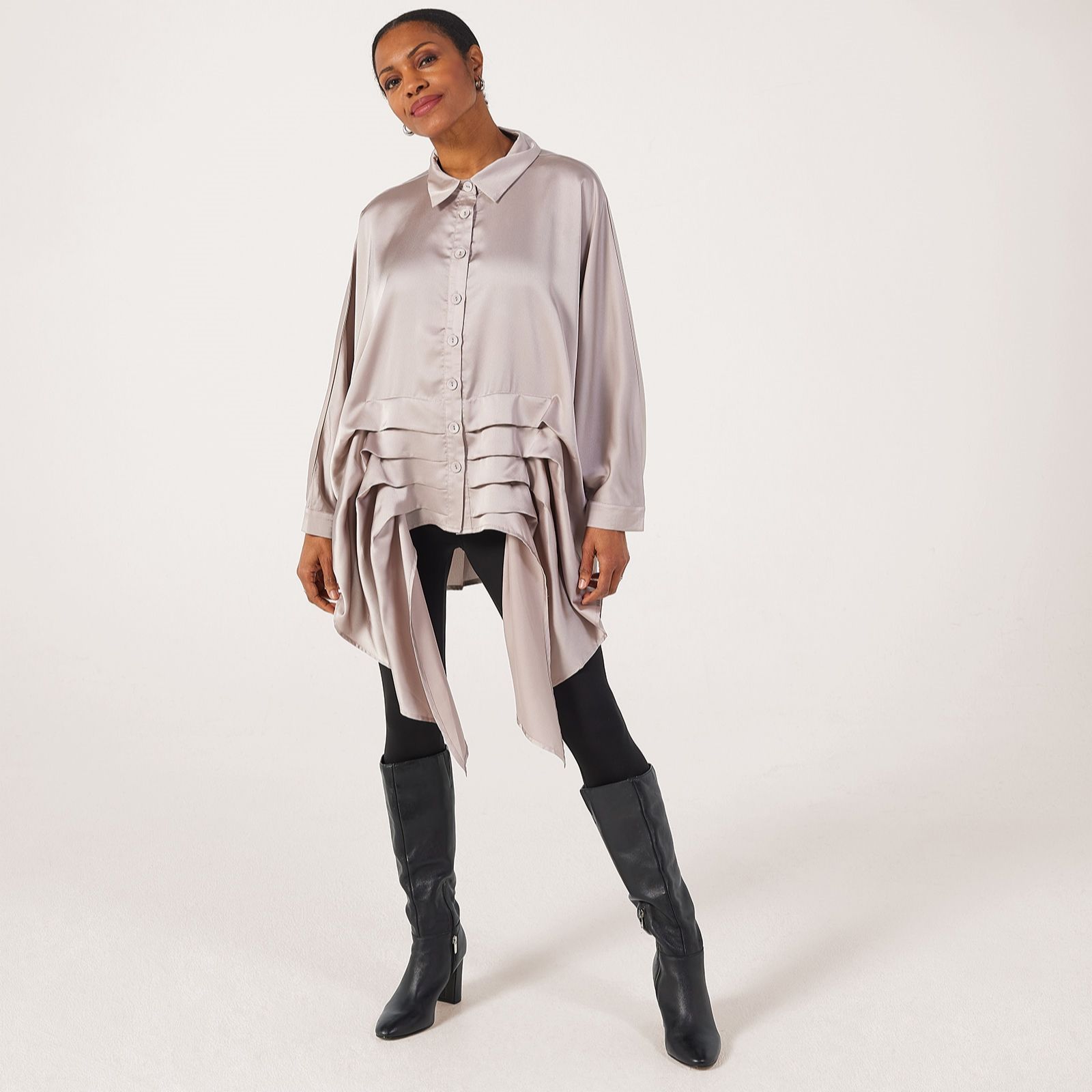 Malissa J Oversized Textured Satin Shirt With Pleat