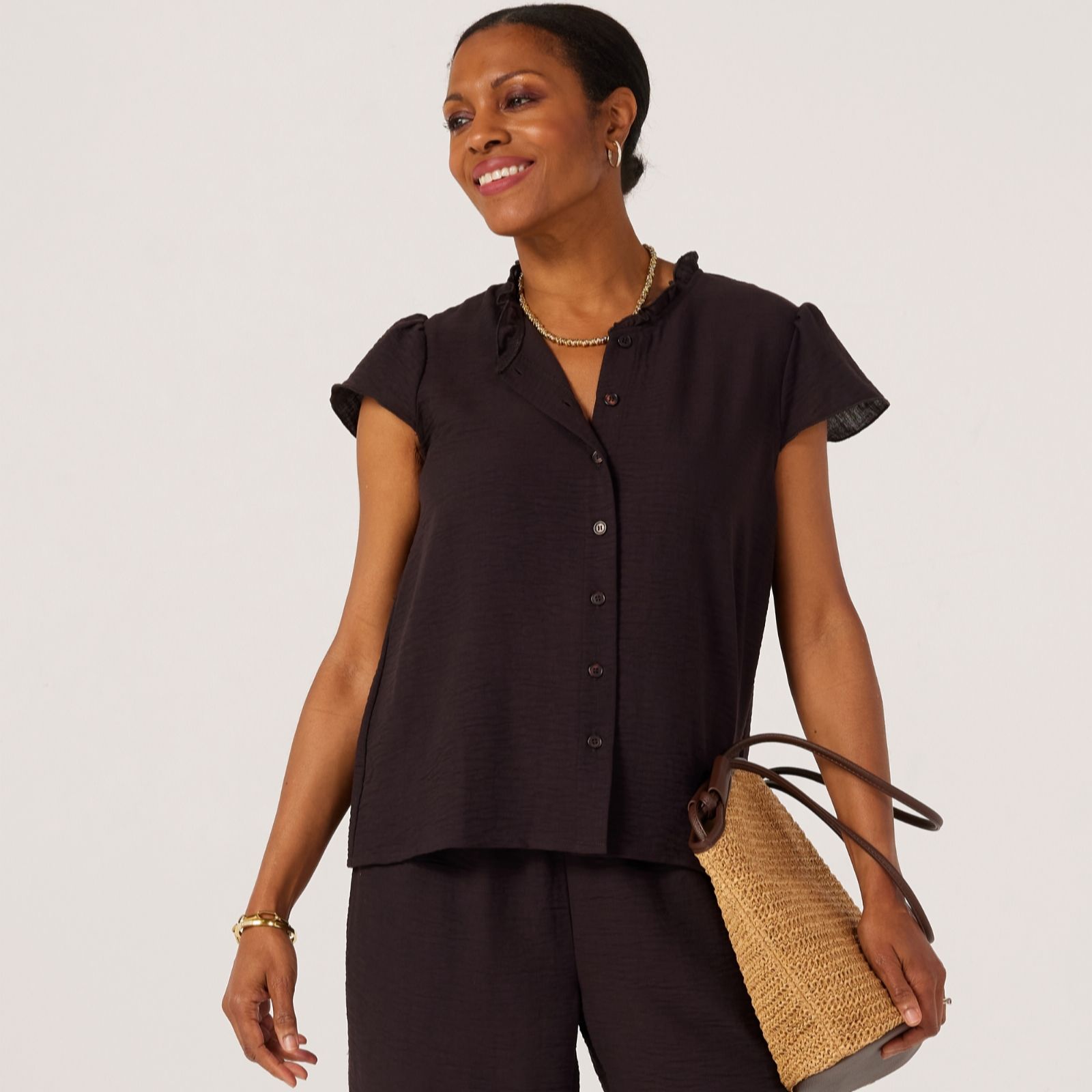 Kim & Co Linen Feel Frilled Neckline Sleeveless Blouse