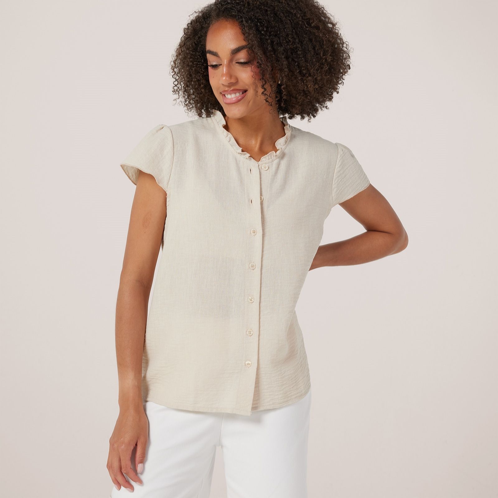 Kim & Co Linen Feel Frilled Neckline Sleeveless Blouse