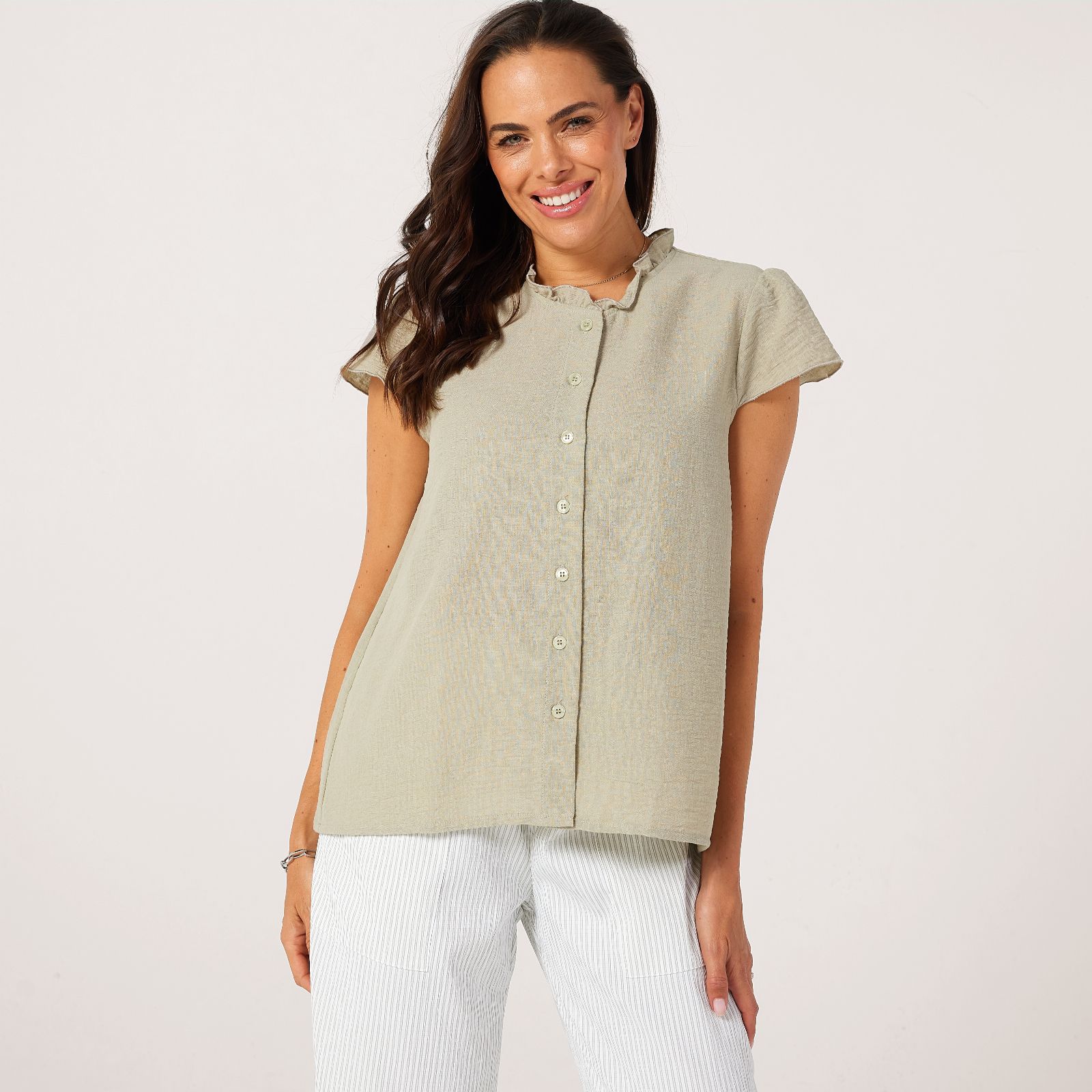 Kim & Co Linen Feel Frilled Neckline Sleeveless Blouse