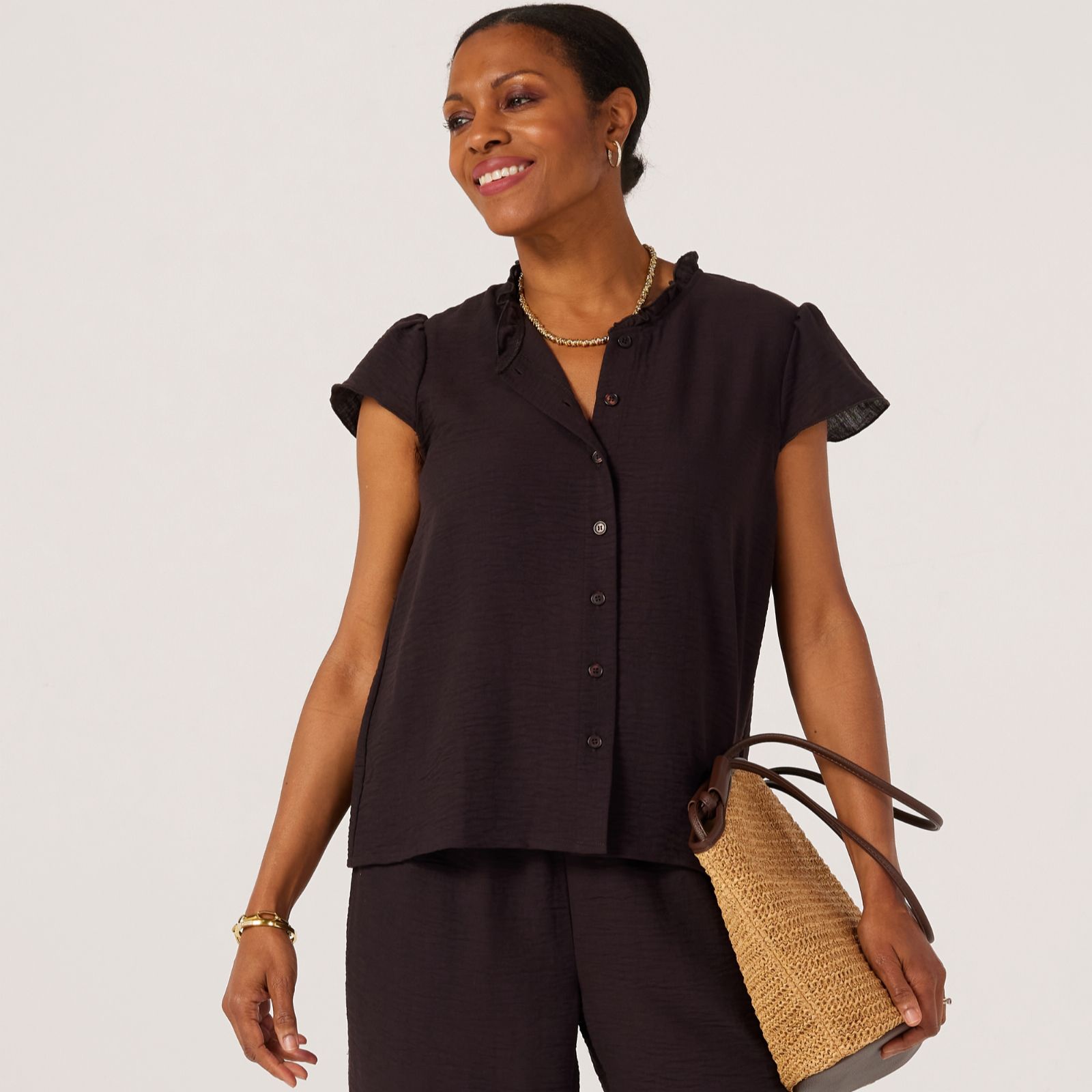 Kim & Co Linen Feel Frilled Neckline Sleeveless Blouse