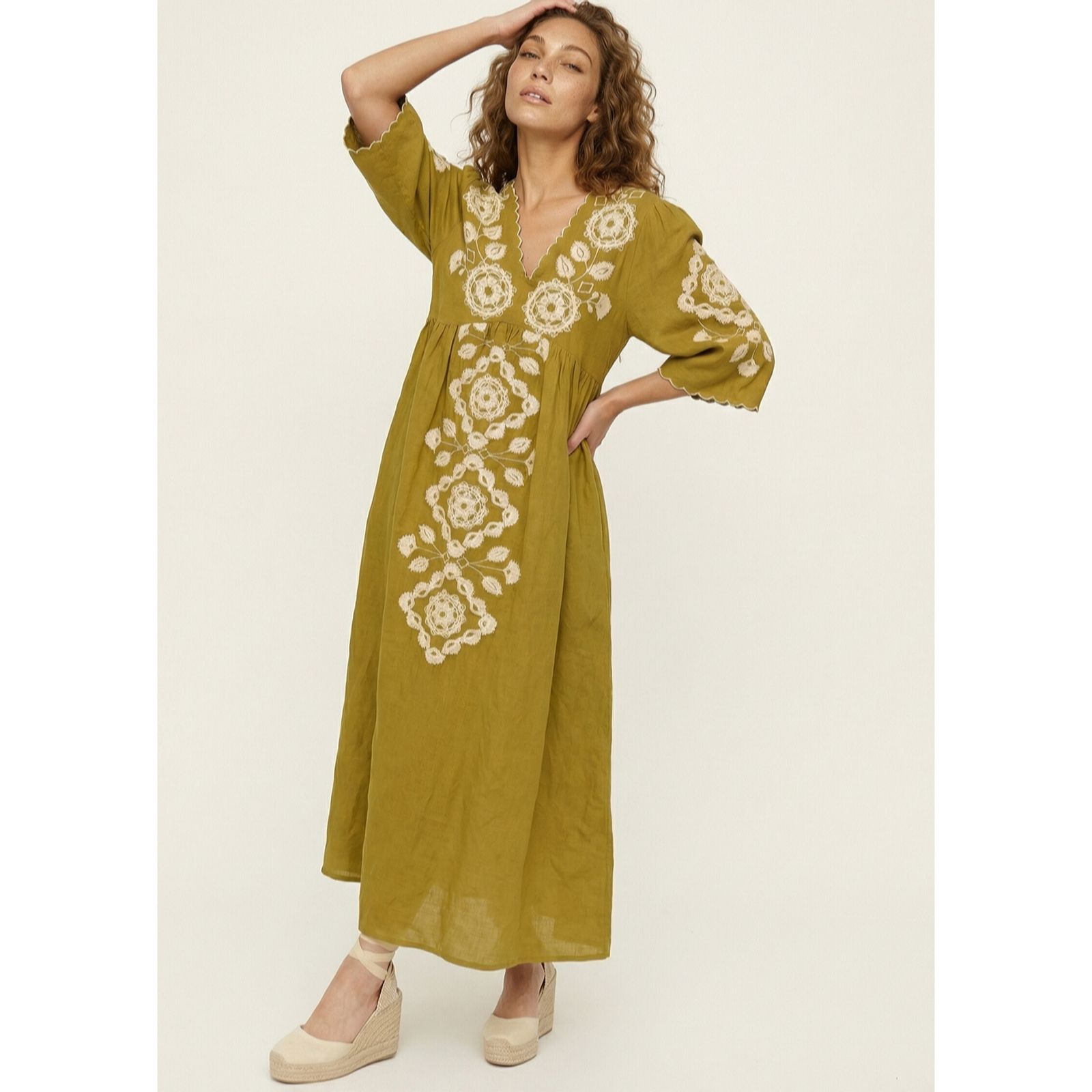 Raffya Arianna V-Neck Embroidered Maxi Dress