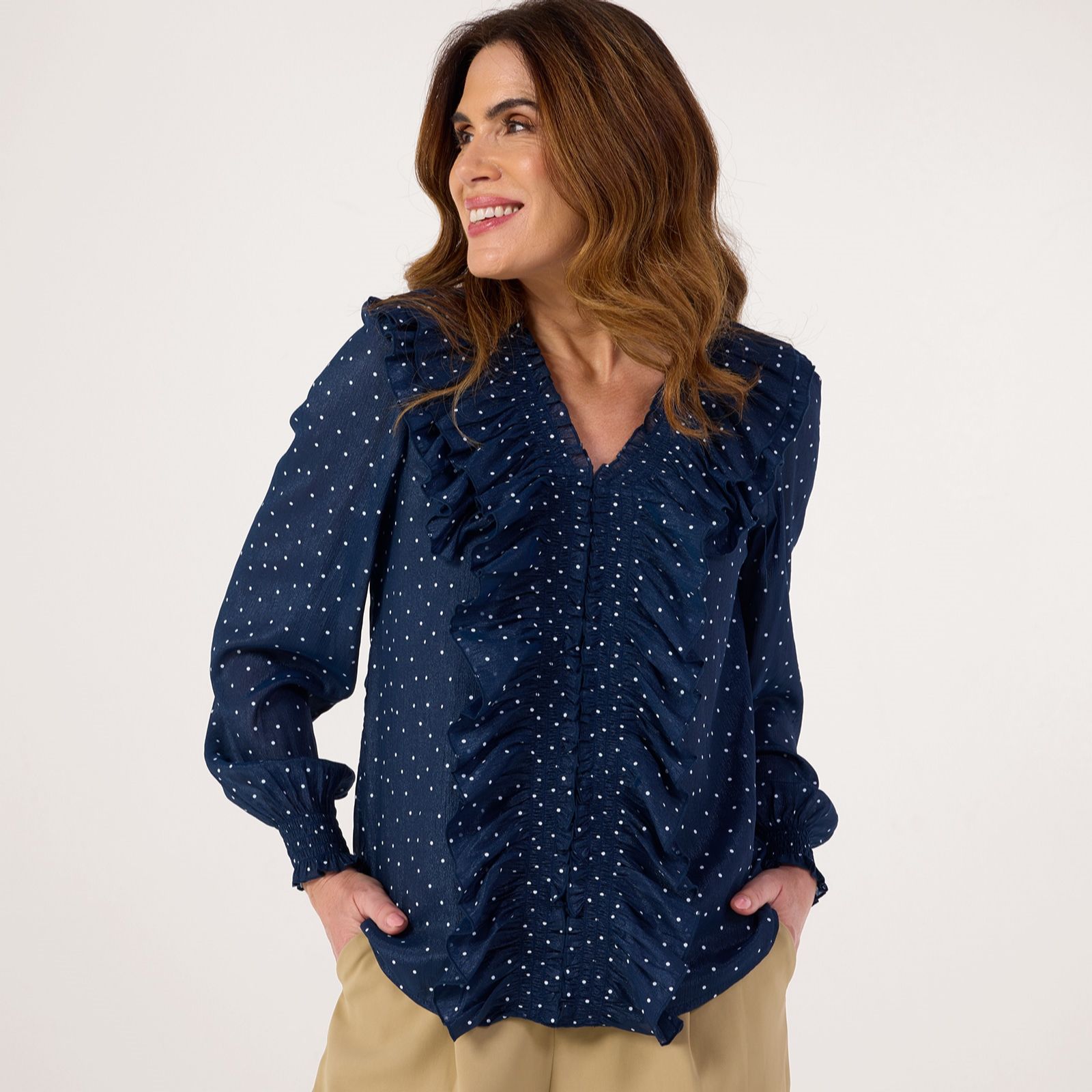 Izabel London Polka Dot Frill Front Blouse