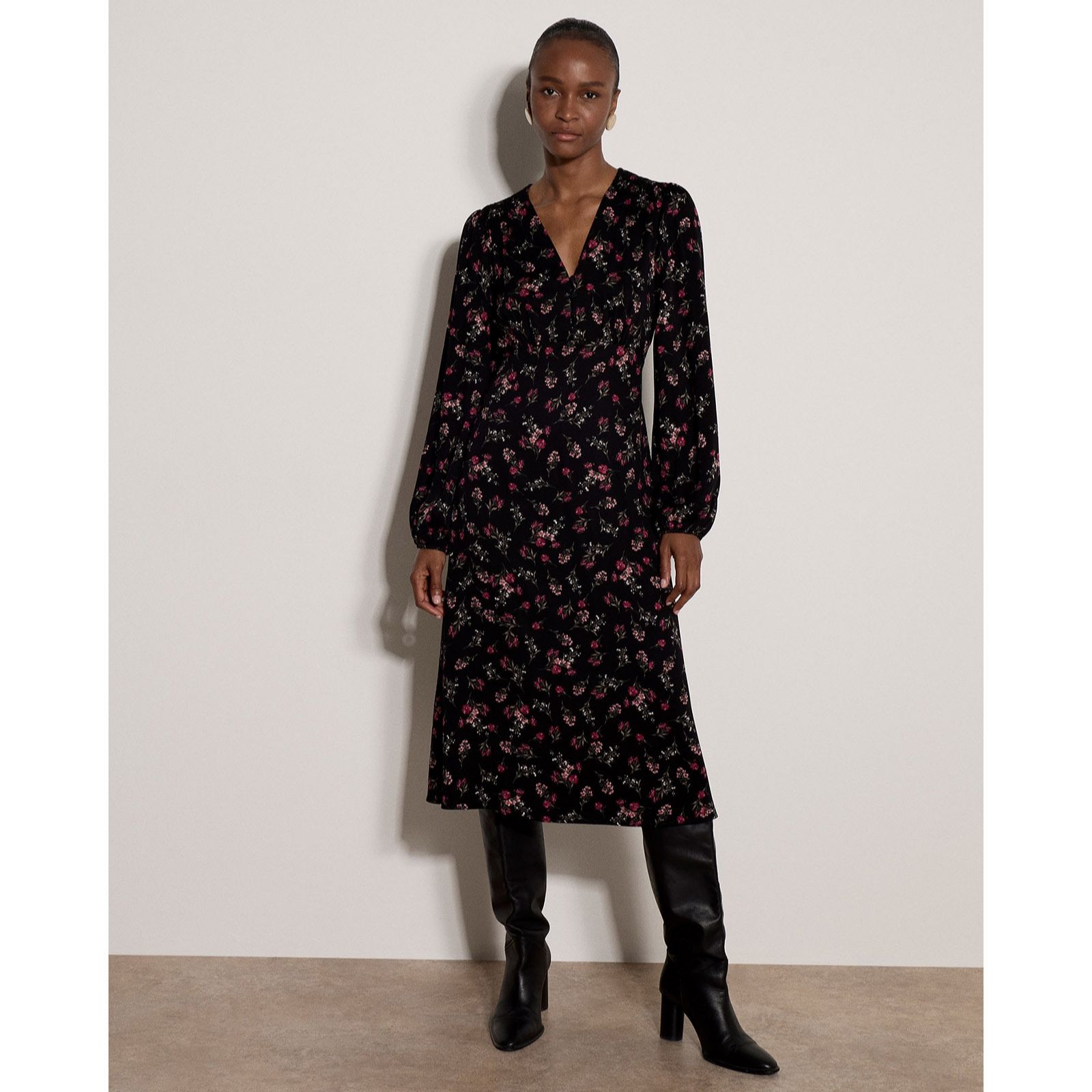 Apricot Flowing Floral Long Sleeve Midi Dress