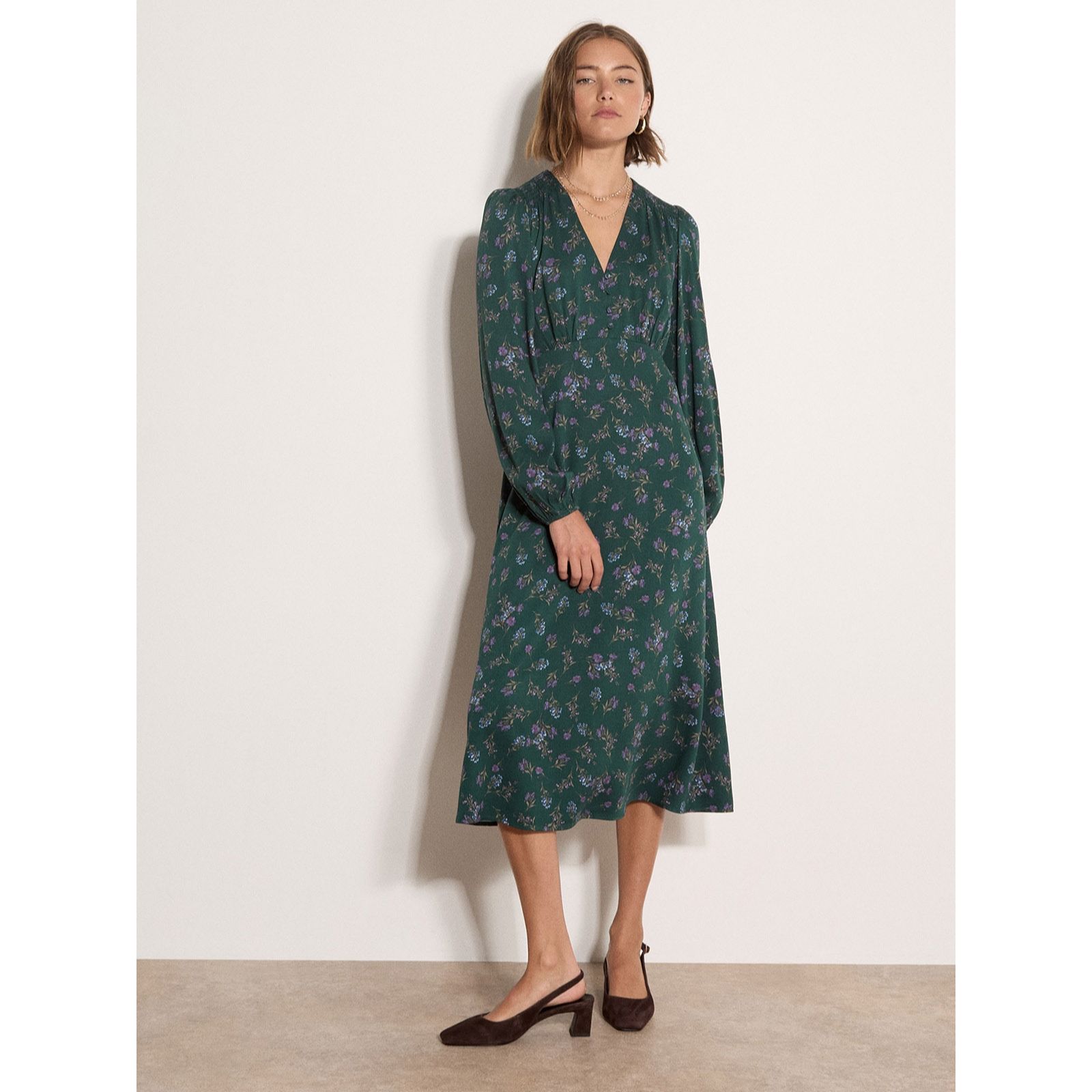 Apricot Flowing Floral Long Sleeve Midi Dress