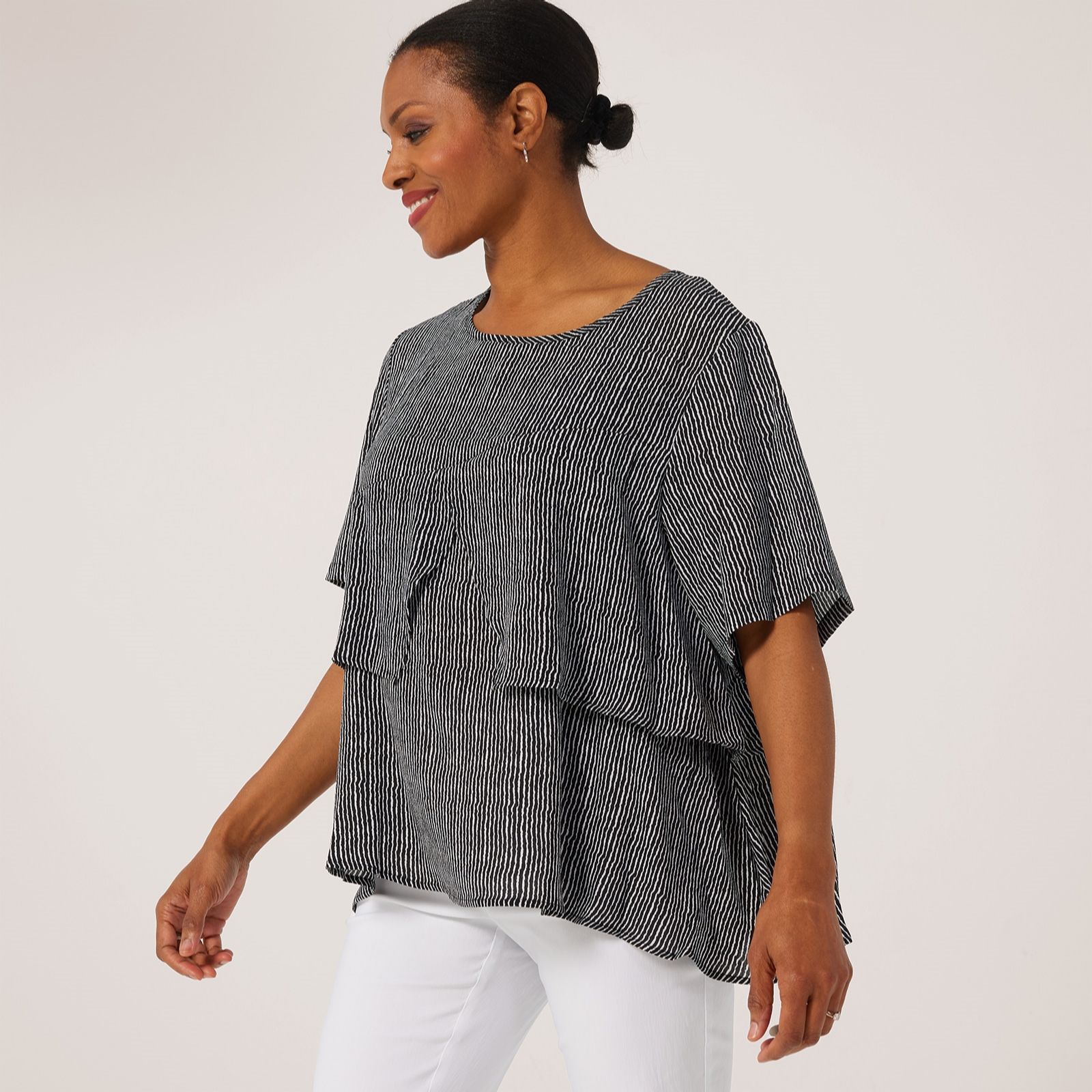 Malissa J Textured Woven Short Sleeve Panel Detail Top