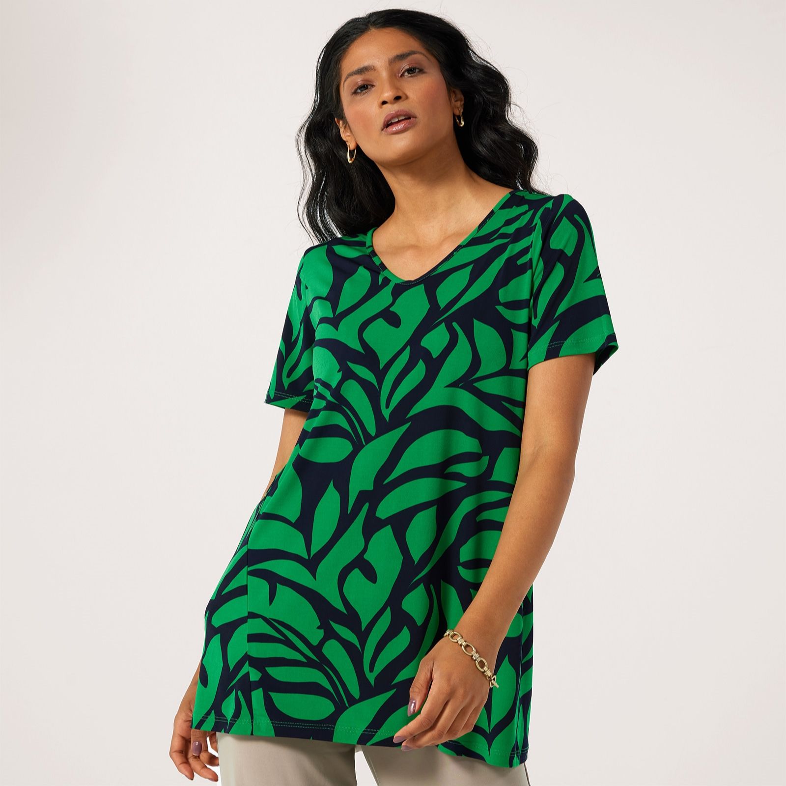 Kim & Co Printed Brazil Jersey Short Sleeve Soft V Neck Tunic