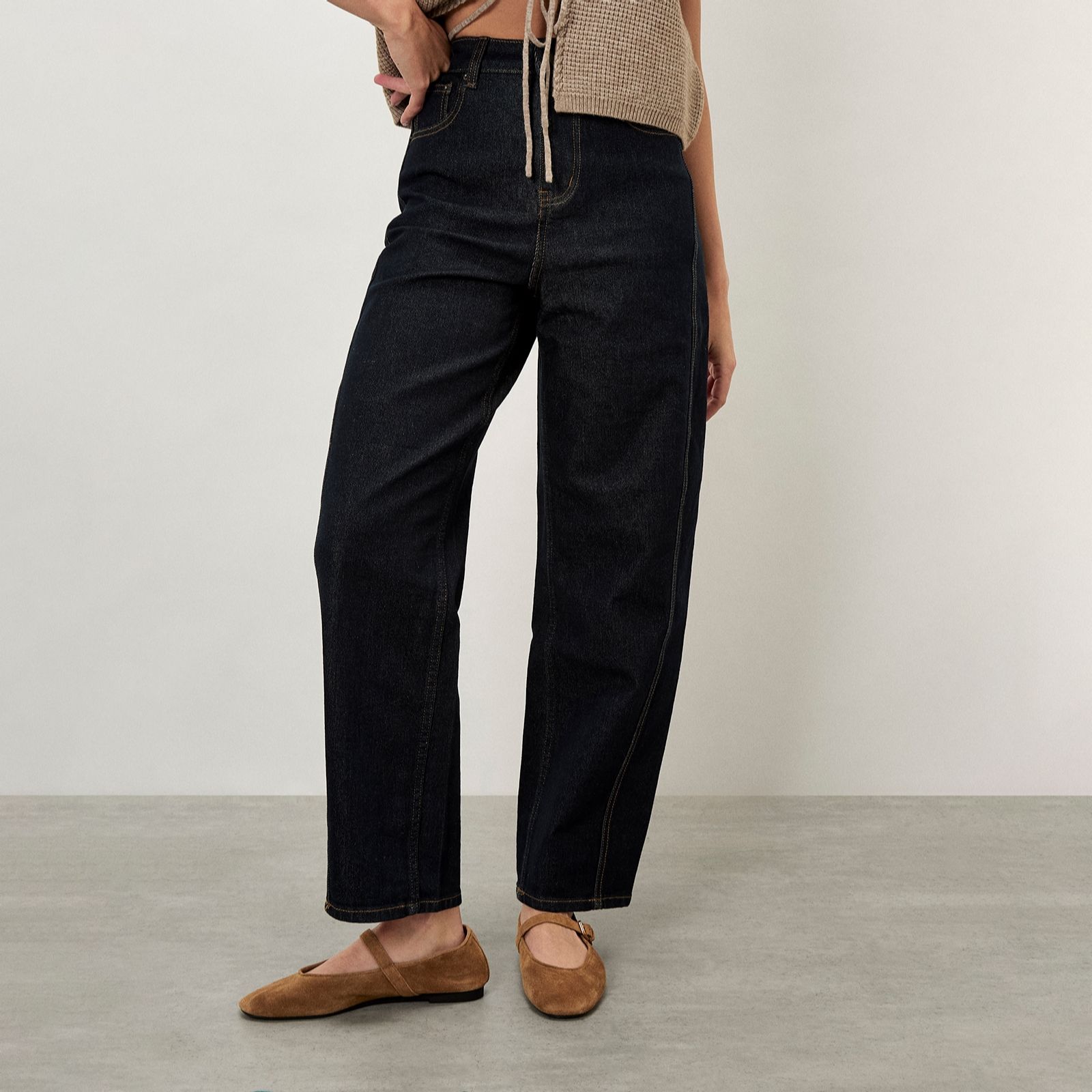 Apricot Aiko Raw Displaced Seam Barrel Jean