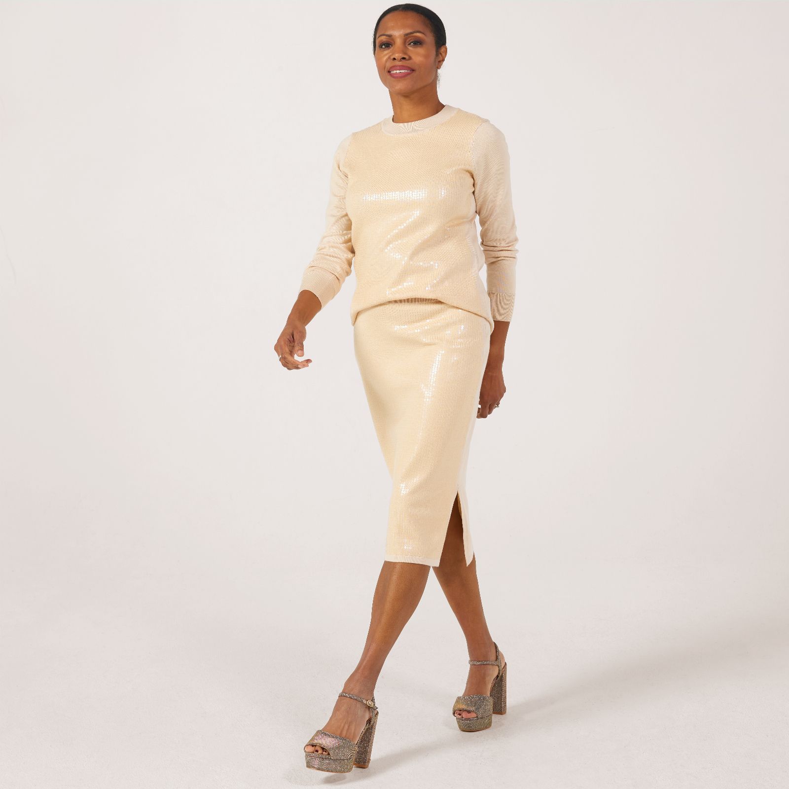 Nina Leonard Sequin Knit Pencil Skirt