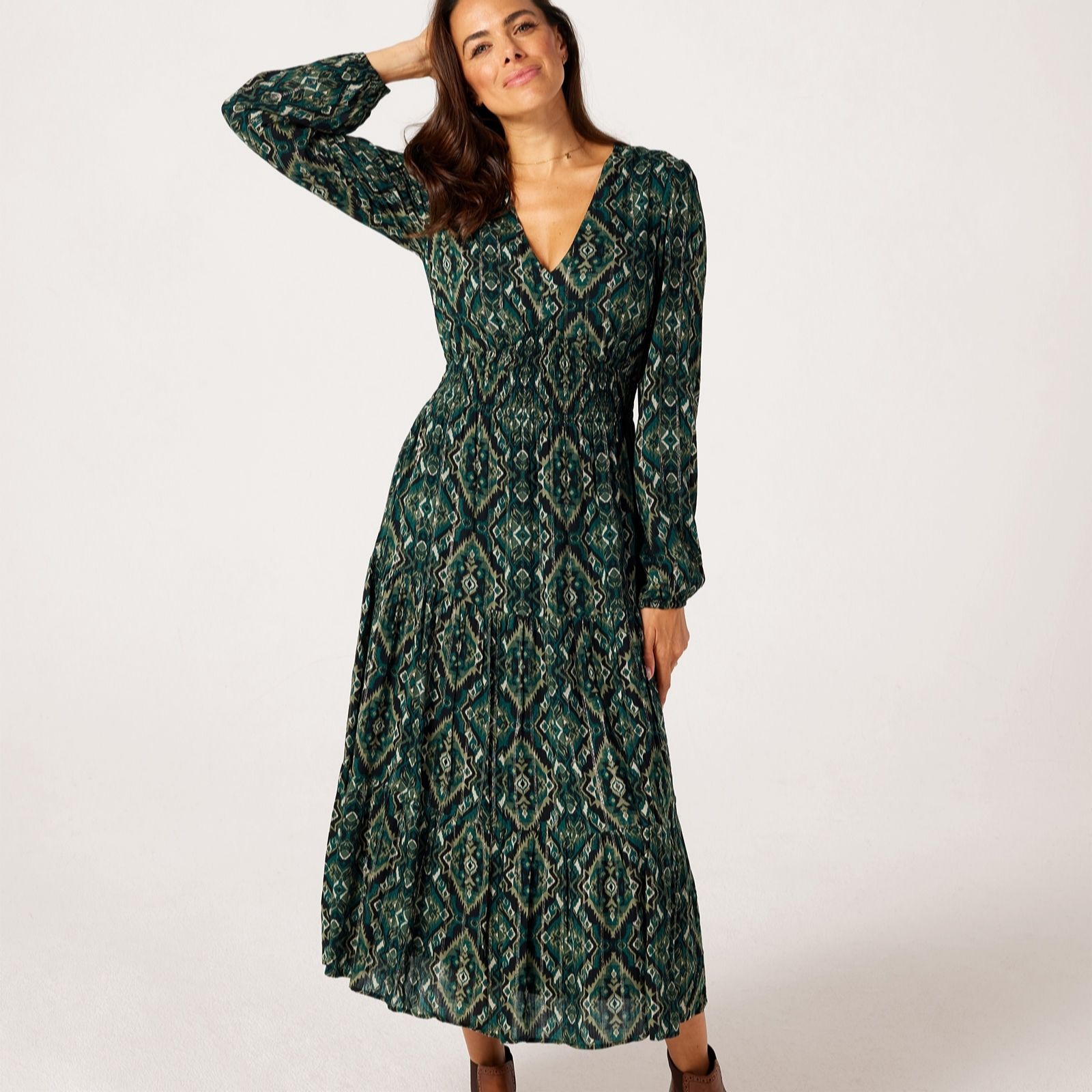 Apricot Ikat Smocked Waist Tiered Midaxi Dress