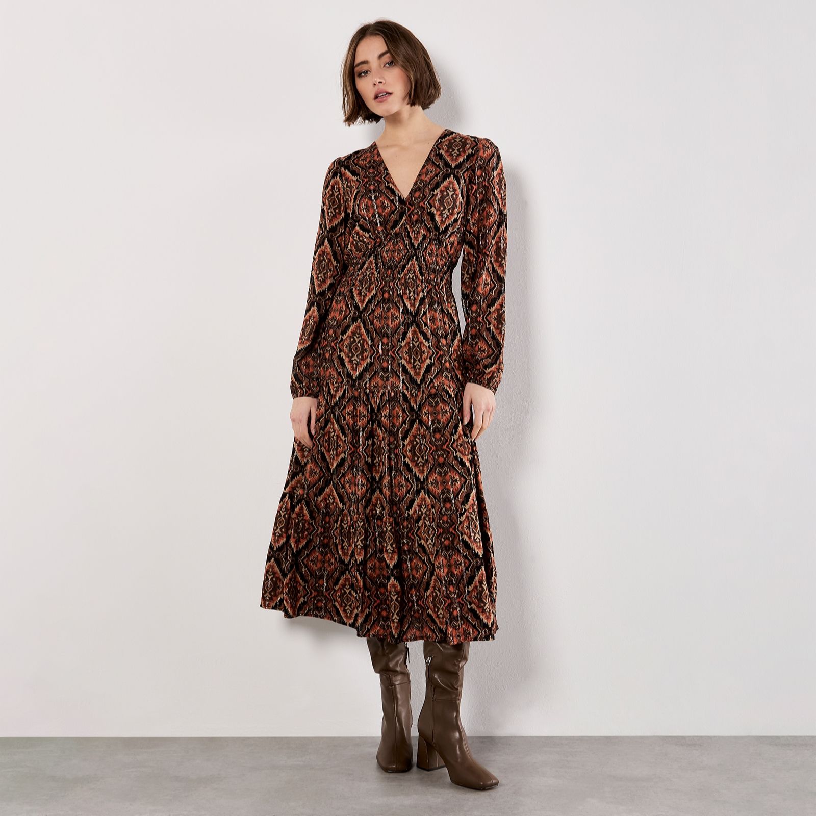 Apricot Ikat Smocked Waist Tiered Midaxi Dress