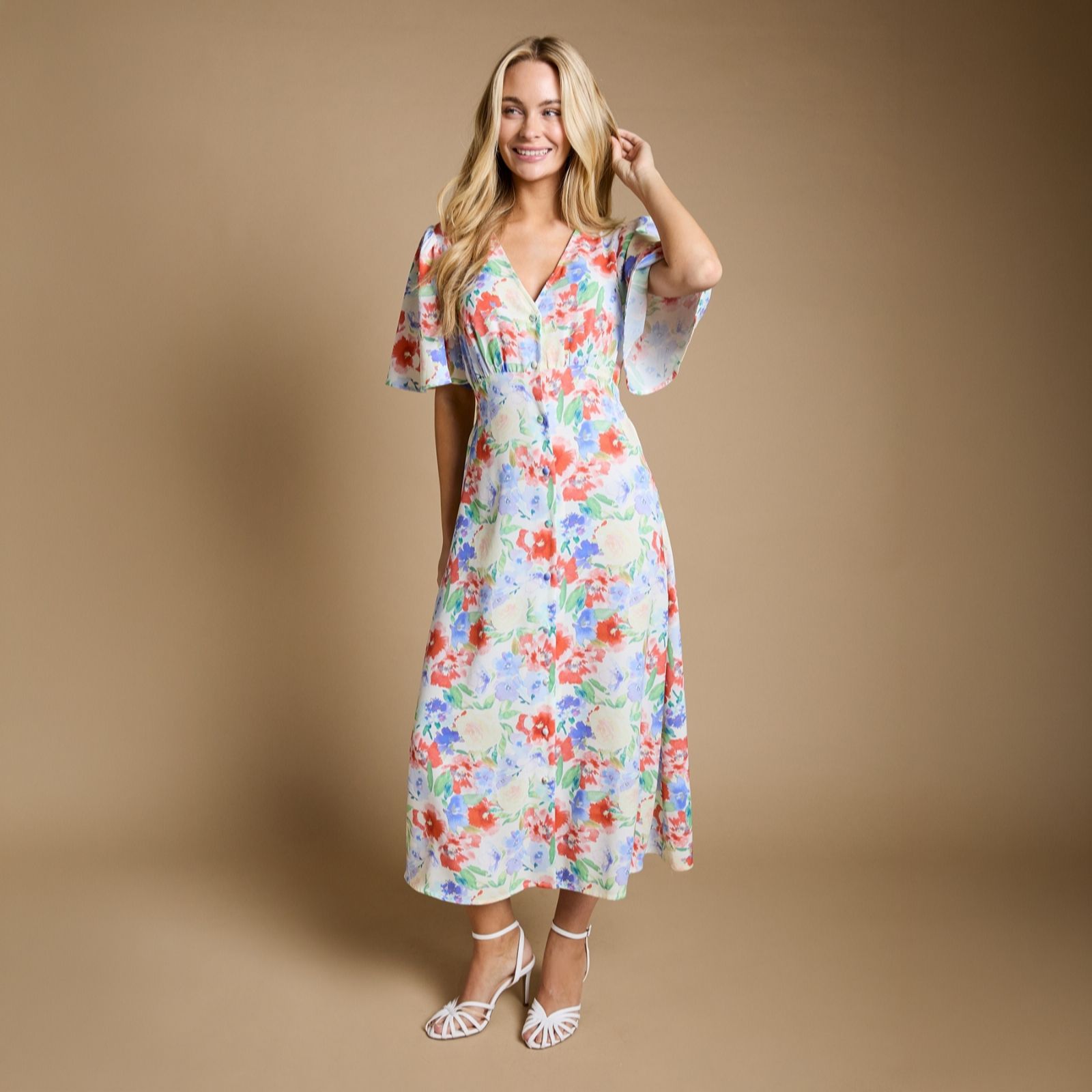 Dorothy Perkins Printed Angel Sleeve Button Through Midi Dress