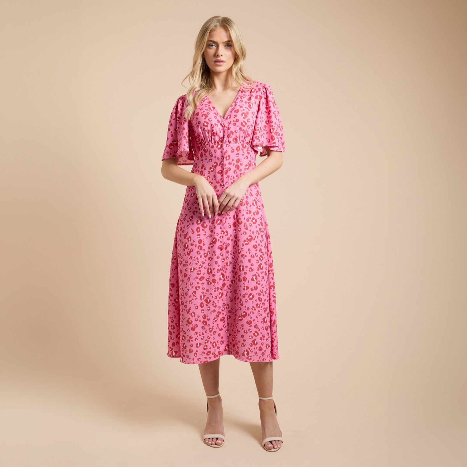 Dorothy Perkins Printed Angel Sleeve Button Through Midi Dress