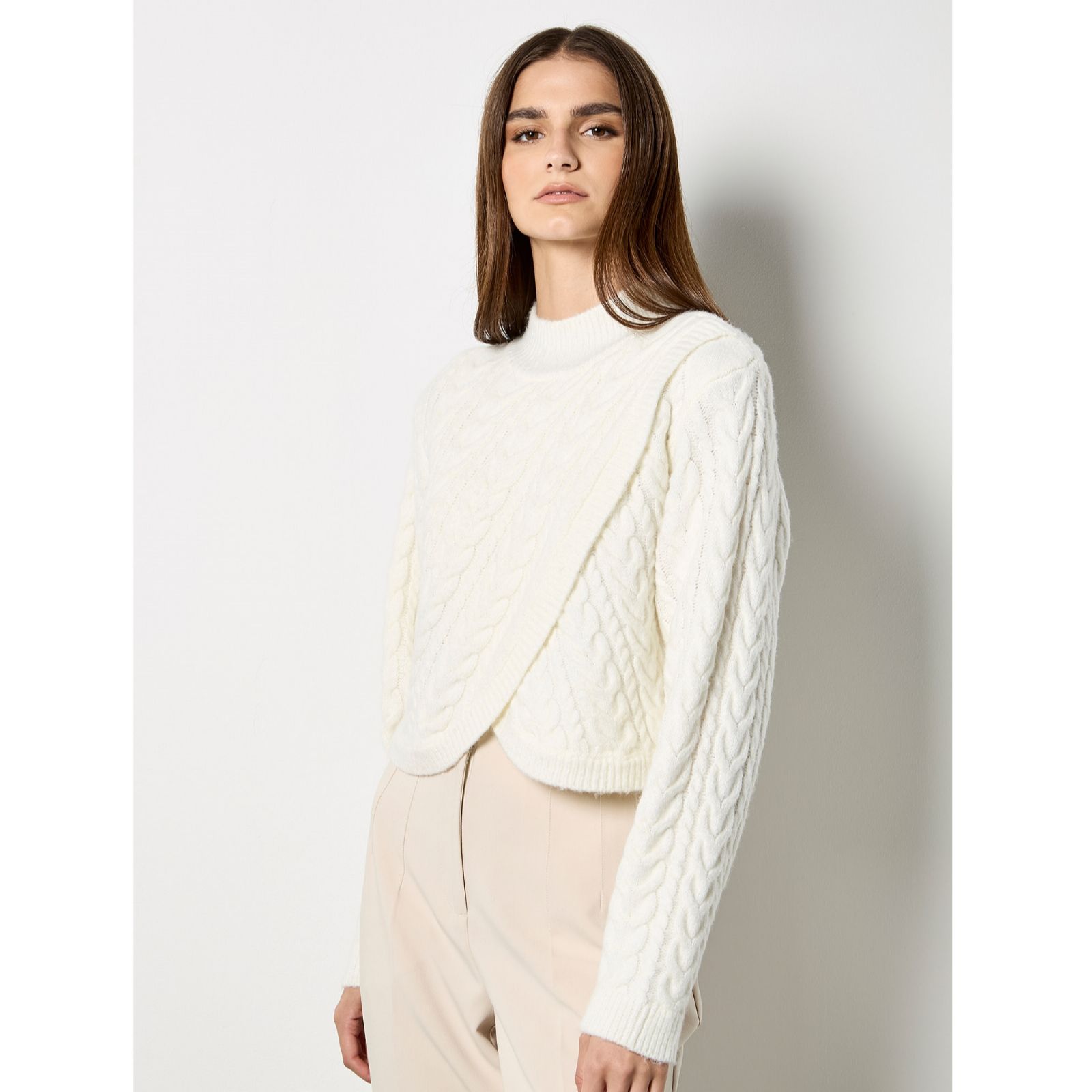 Apricot Cable Knit Wrap MockNeck Jumper